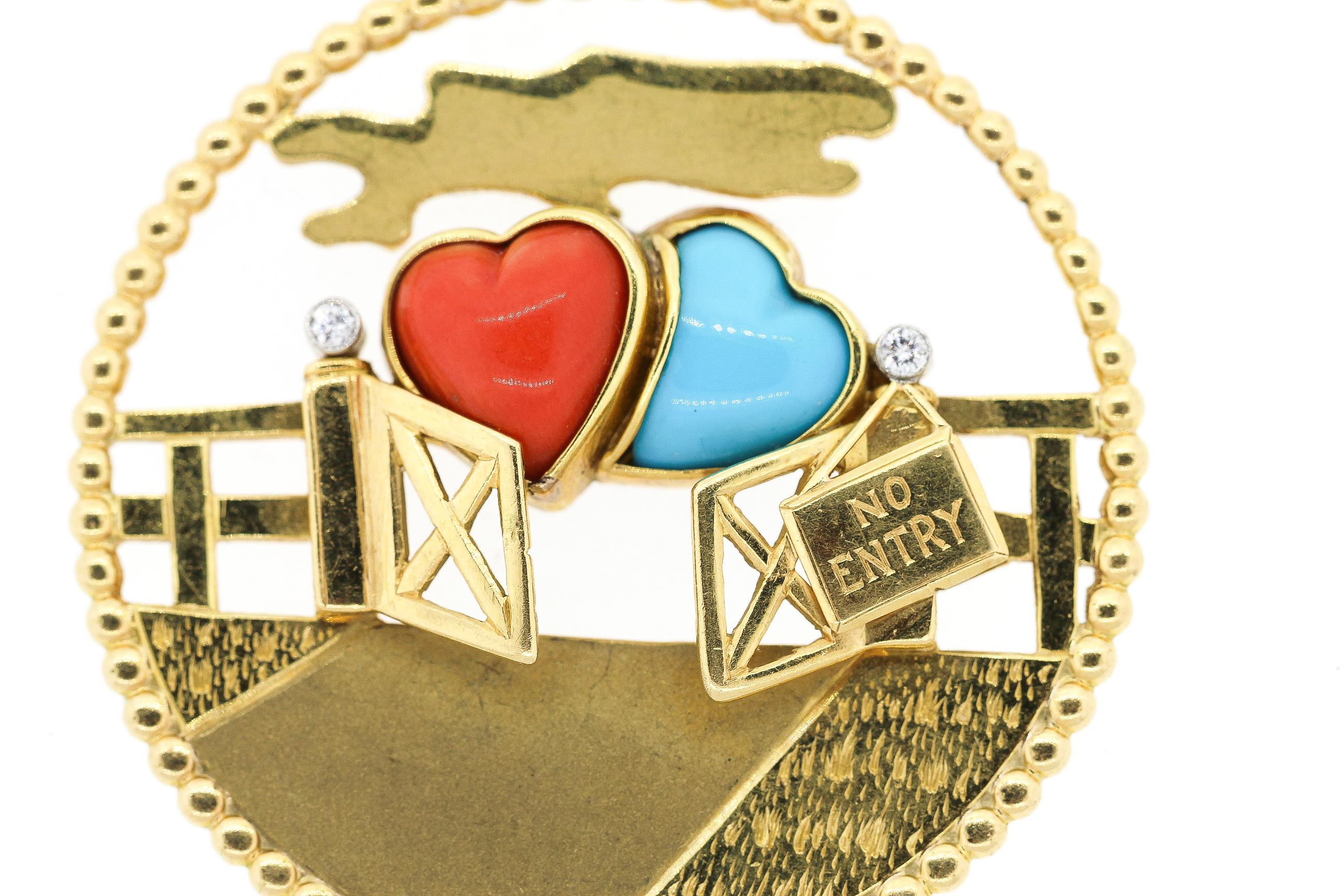A 1960s vintage 18k yellow gold charm set with turquoise and coral by Cartier. The charm or pendant depicts two hearts entering a gate with the sign NO ENTRY marked as the gate closes behind them. The charm is a whimsical love charm. The charm has a
