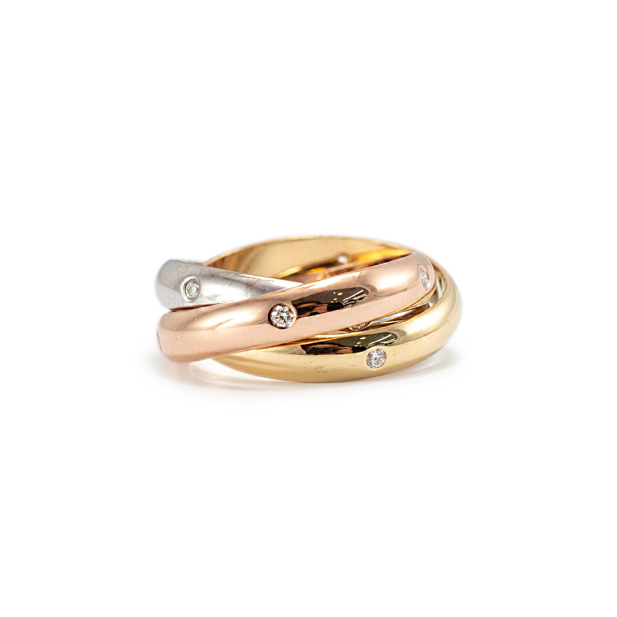 Brand: Cartier

Gender: Ladies

Metal Type: 18K Tri-Color Gold

Ring Size: 6.25

Weight: 11.08 grams

18K Tri-Color Gold diamond vintage trinity band with a half-round shank. The metal was tested and determined to be 18K tri-color gold. Engraved