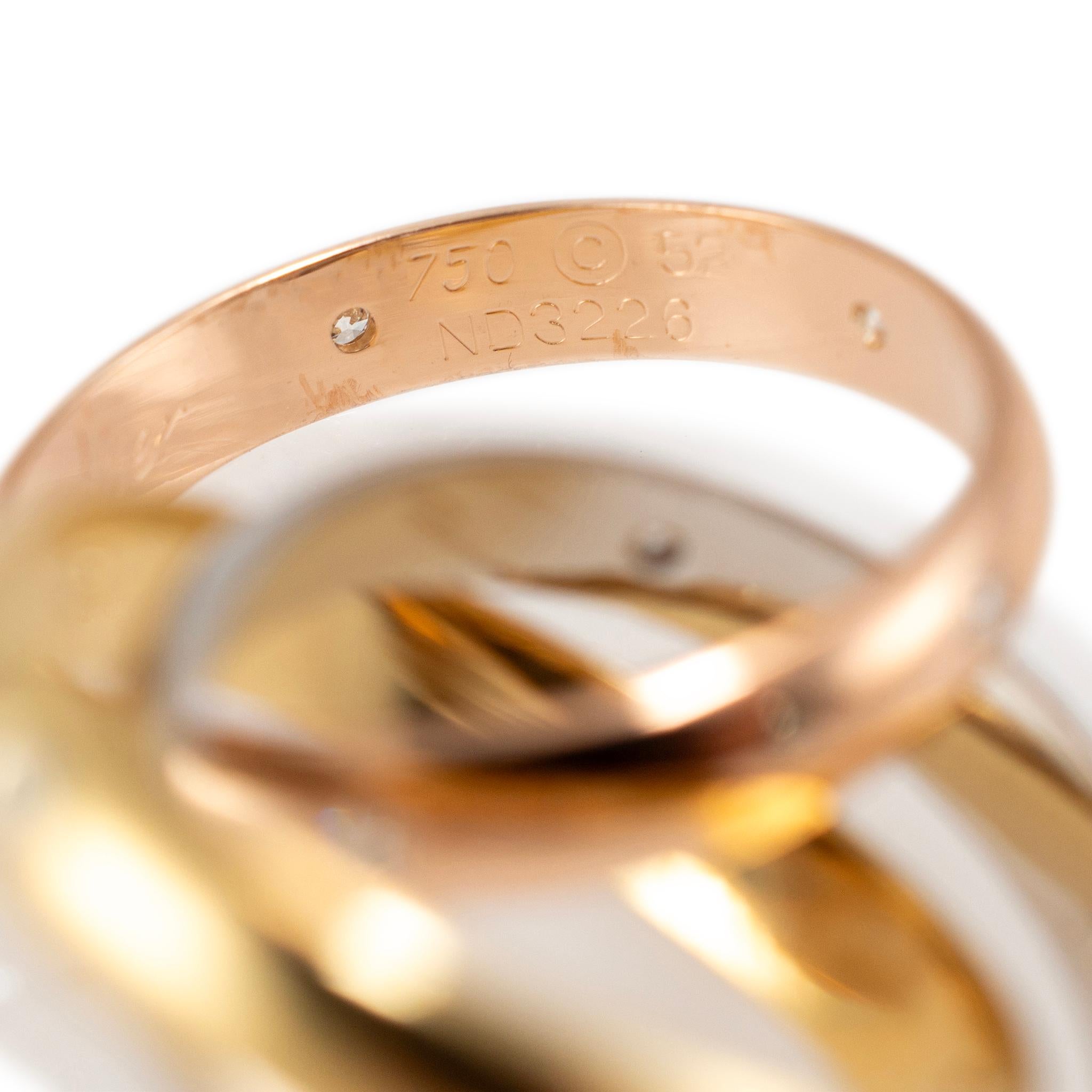 Vintage Cartier 18K Tri Color Yellow White Rose Gold Trinity Diamond Band Ring In Excellent Condition For Sale In Houston, TX