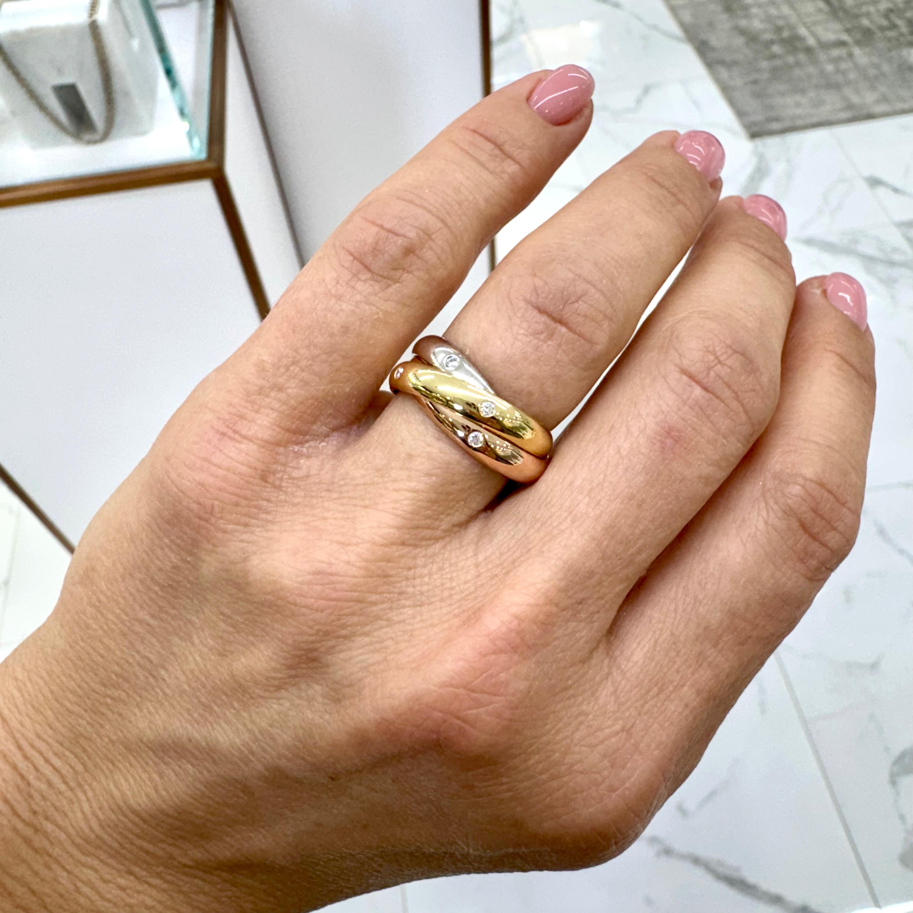 Vintage Cartier 18K Tri Color Yellow White Rose Gold Trinity Diamond Band Ring For Sale 1
