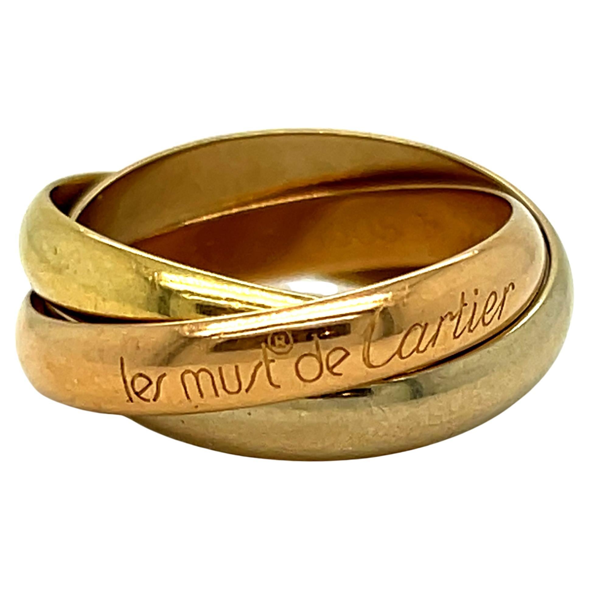Vintage Cartier 18K Tri Colored Gold Trinity Rolling Ring Alianza de boda, Francés.
