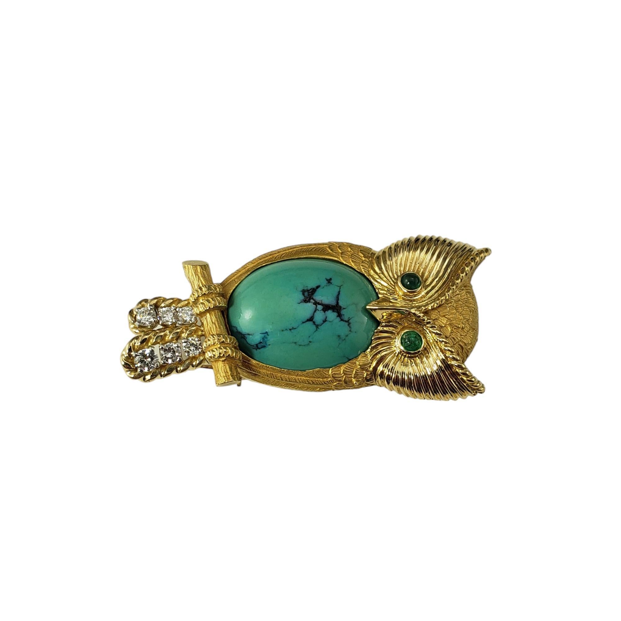 Vintage Cartier 18K Turquoise, Emeraude et Diamant Broche Hibou

Cette exquise broche de Cartier présente un corps en turquoise cabochon, des yeux en émeraude cabochon et 6 diamants ronds de taille brillant dans sa queue.  Serti dans de l'or jaune