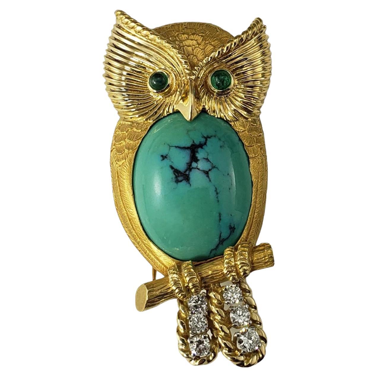 Cartier, broche hibou vintage 18 carats en turquoise, émeraude et diamants n°17761 en vente