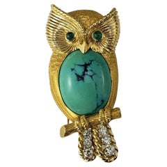 Vintage Cartier 18K Turquoise, Emerald, and Diamond Owl Brooch #17761