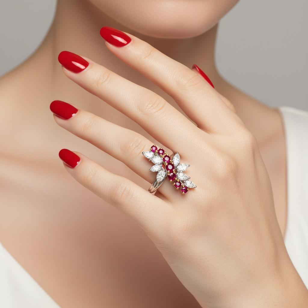 Anello da cocktail Cartier d'epoca in oro bianco e giallo 18 carati con diamanti e rubini In condizioni ottime in vendita a Chicago, IL