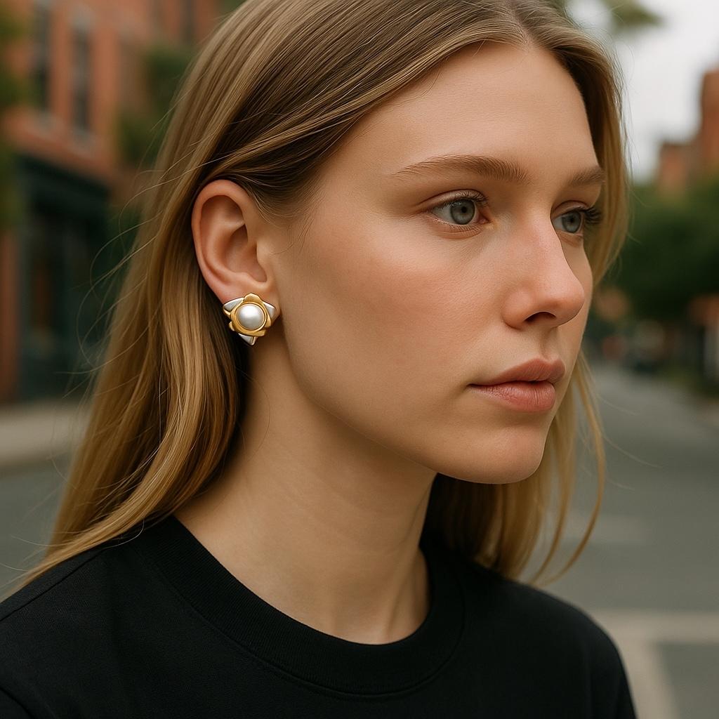 Modern Vintage Cartier 18K White and Yellow Gold Mabe Pearl Clip On Earrings For Sale