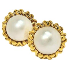 Vintage Cartier 18k Yellow Gold and Mabe Pearl Floral Motif Earrings
