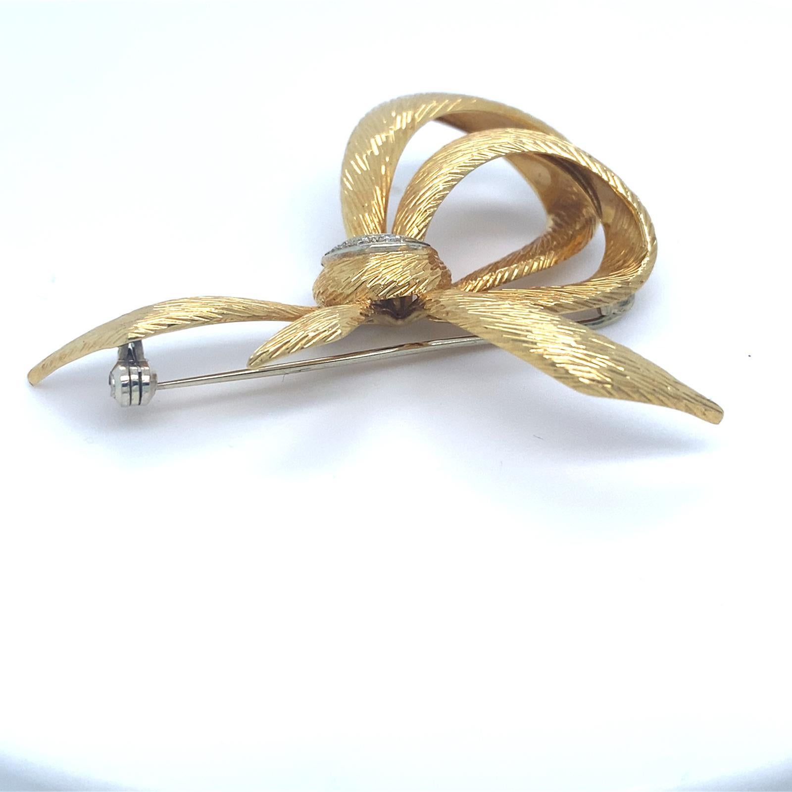 Modern Vintage Cartier 18k Yellow Gold Bow Brooch / Pin with Diamond Accents