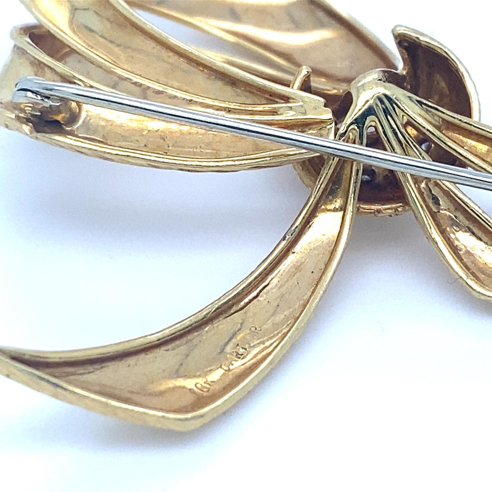 Round Cut Vintage Cartier 18k Yellow Gold Bow Brooch / Pin with Diamond Accents