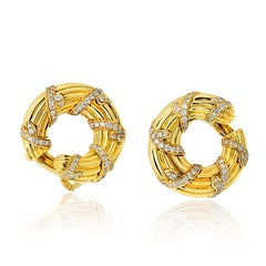 Vintage Cartier 18K Yellow Gold Fluted Diamond Hoop Earrings