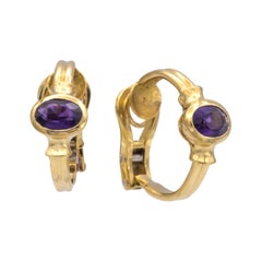 Vintage Cartier 18K Yellow Gold Oval Amethyst Huggie Clip Earrings