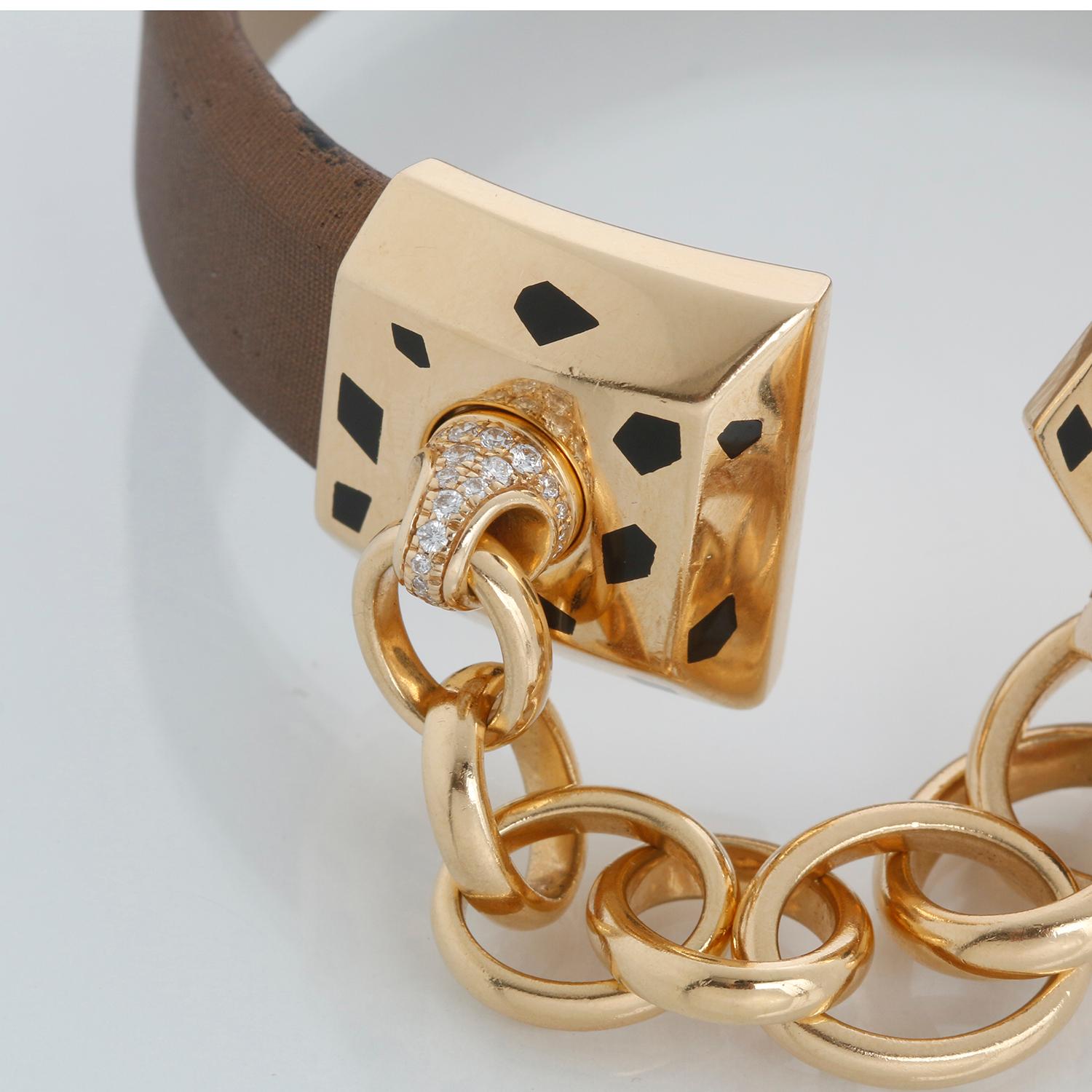 Cartier d'epoca in oro giallo 18 carati con testa di pantera e catena Bracciale di seta In condizioni ottime in vendita a Dallas, TX