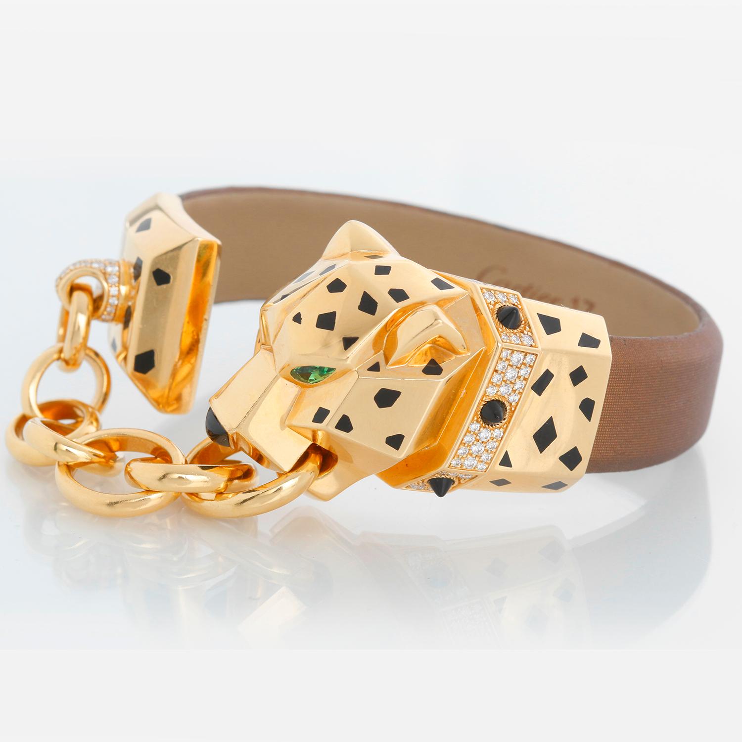 Donna Cartier d'epoca in oro giallo 18 carati con testa di pantera e catena Bracciale di seta in vendita
