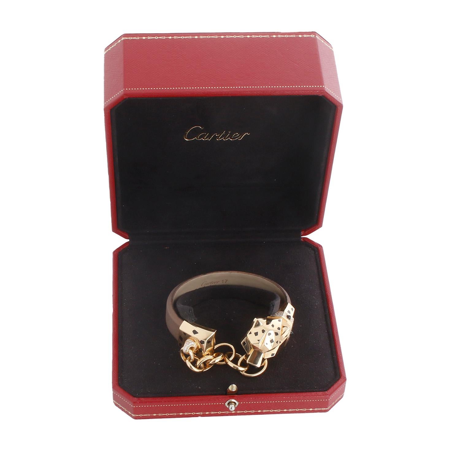 Cartier d'epoca in oro giallo 18 carati con testa di pantera e catena Bracciale di seta in vendita 3