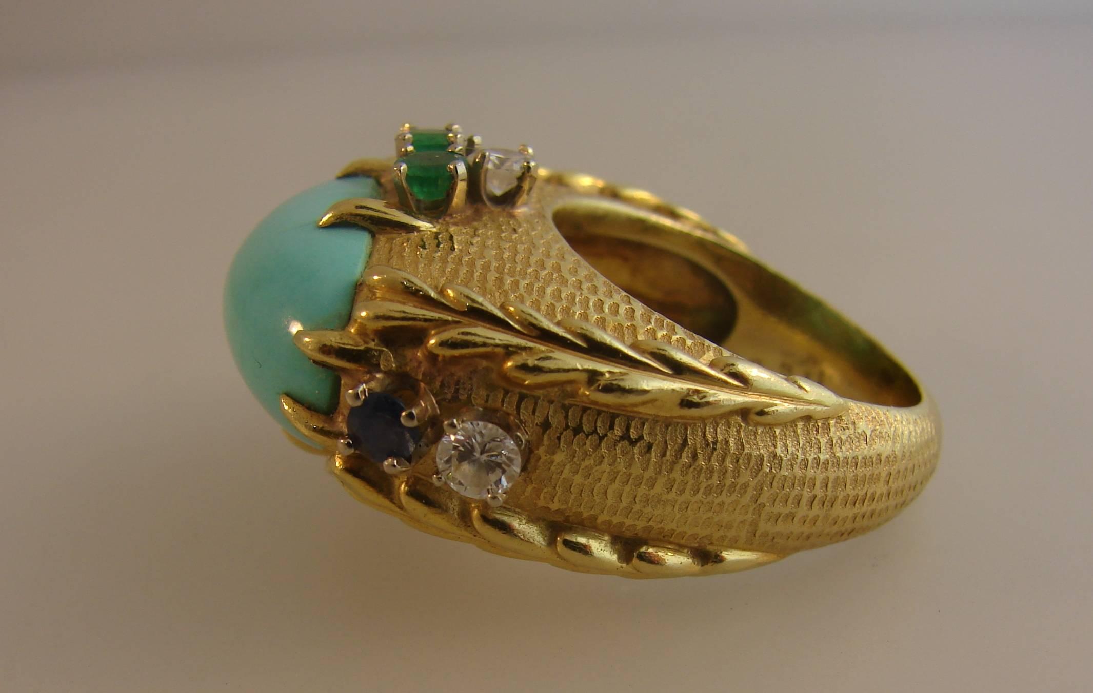 Mixed Cut Vintage Cartier 18k Yellow Gold Ring Turquoise Diamond Sapphire Emerald