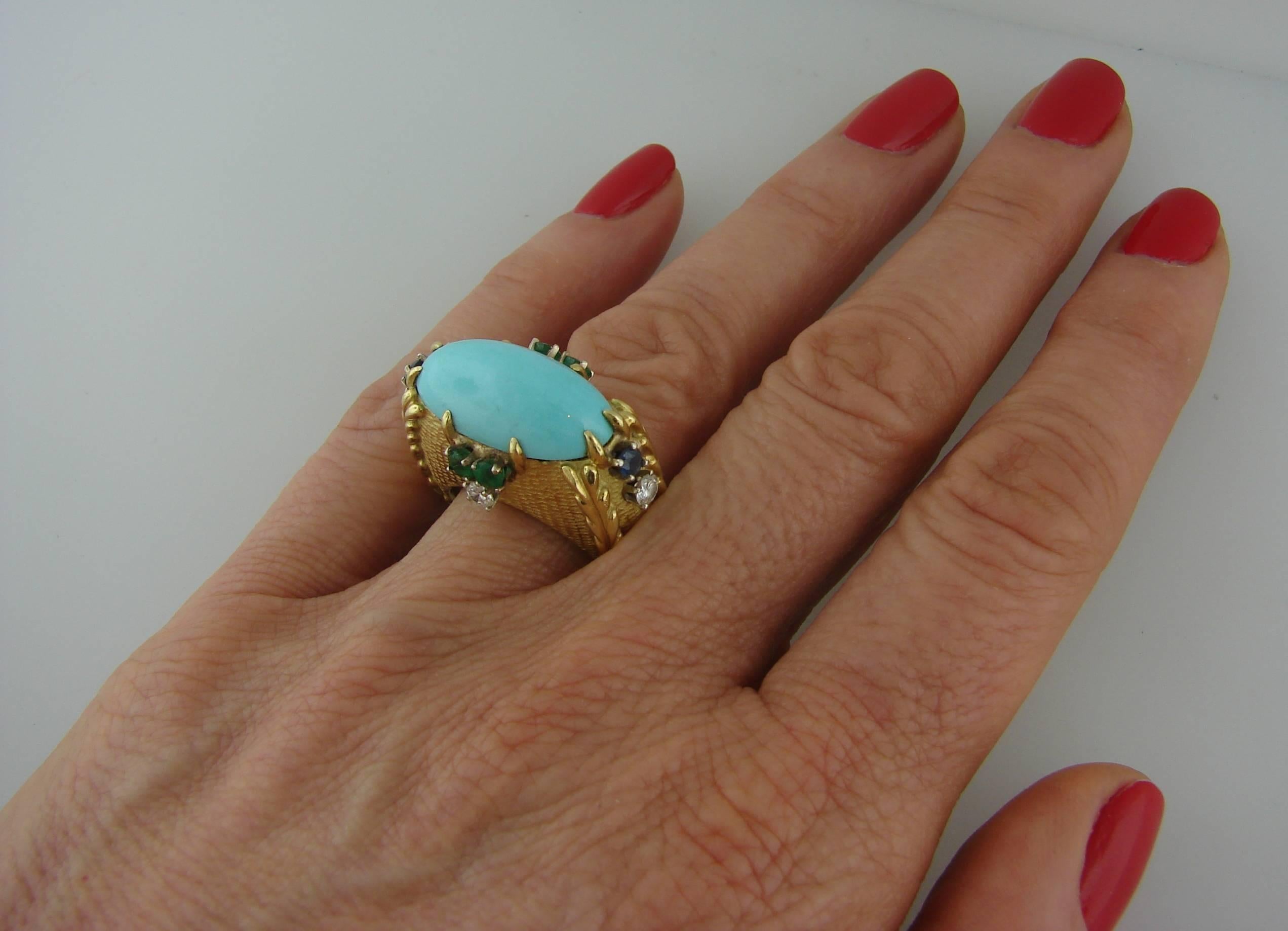 Women's Vintage Cartier 18k Yellow Gold Ring Turquoise Diamond Sapphire Emerald