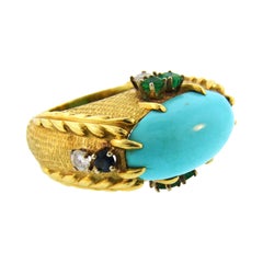 Vintage Cartier 18k Yellow Gold Ring Turquoise Diamond Sapphire Emerald