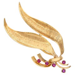 Vintage Cartier 18k Yellow Gold Ruby Floral Brooch