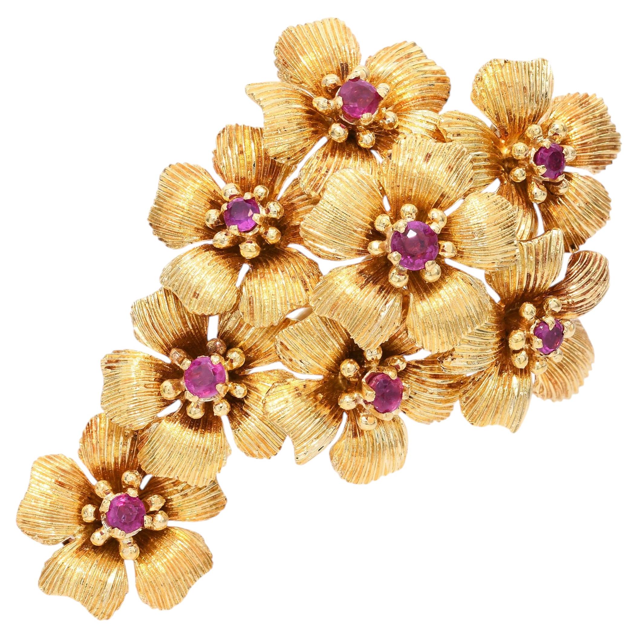 Vintage Cartier 18k Yellow Gold Ruby Flower Cluster Brooch