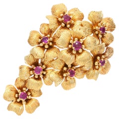 Vintage Cartier 18k Yellow Gold Ruby Flower Cluster Brooch