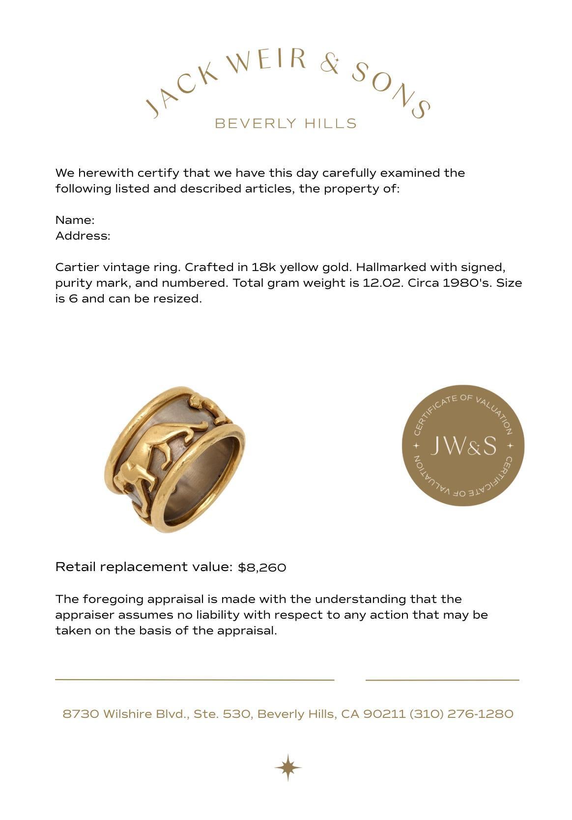 Vintage Cartier 18k yellow gold walking panther band For Sale 1