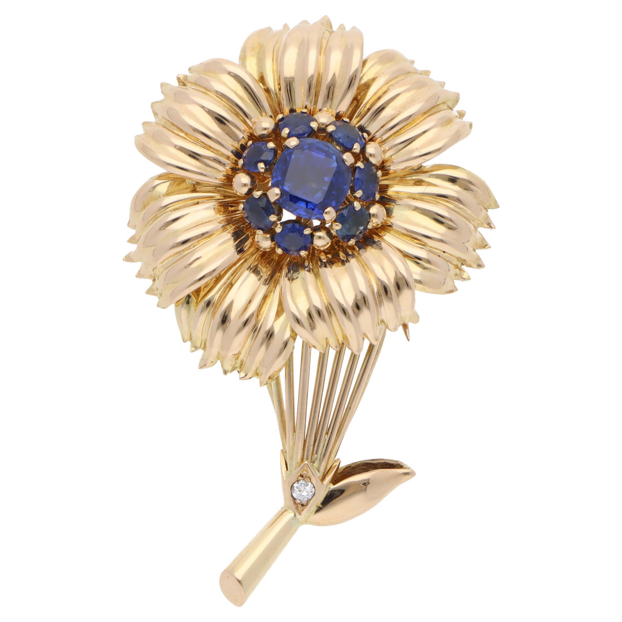 Vintage Cartier 1960s Sapphire Floral Brooch in Yellow Gold