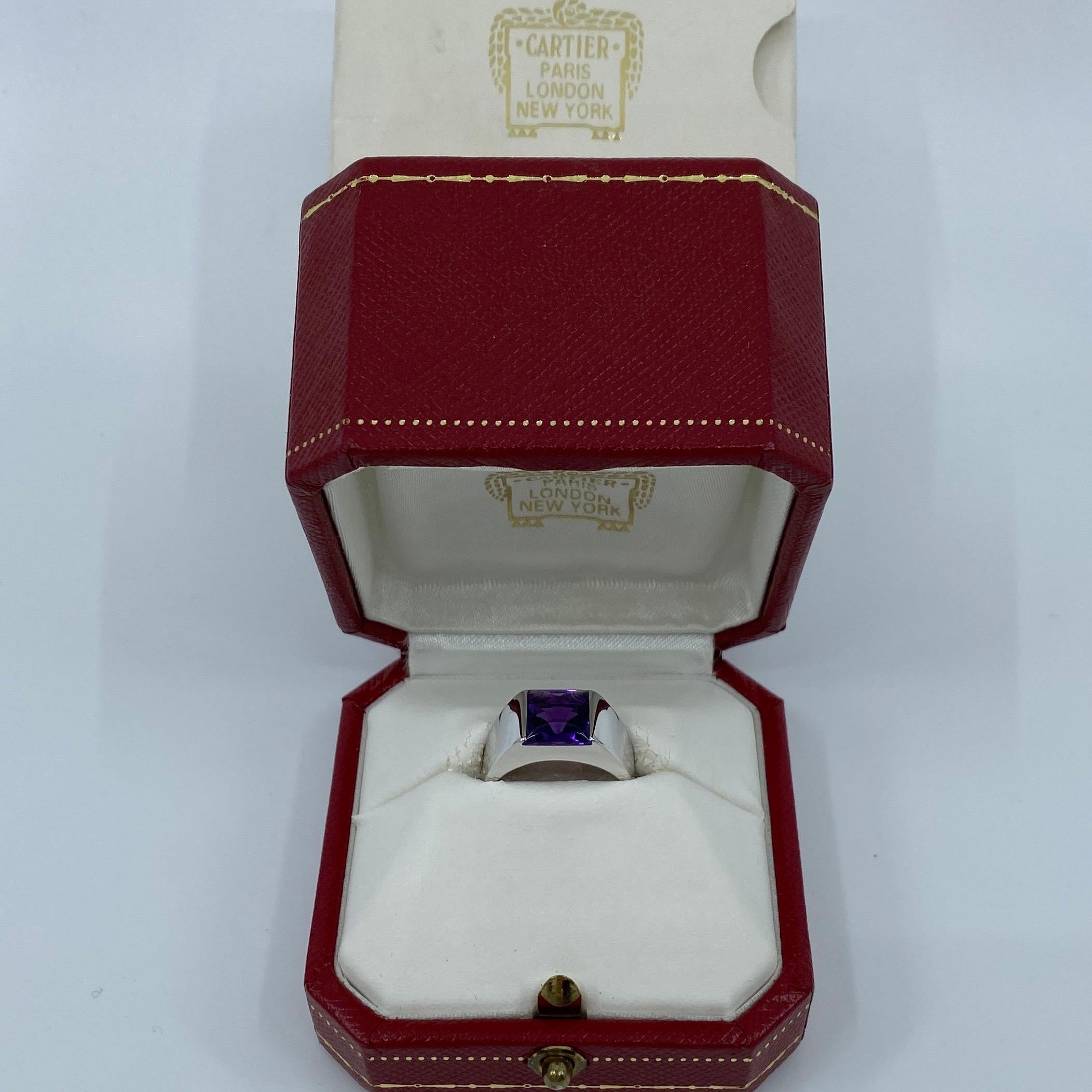 Square Cut Vintage Cartier 2 Carat Deep Purple Amethyst 18 Karat White Gold Tank Band Ring