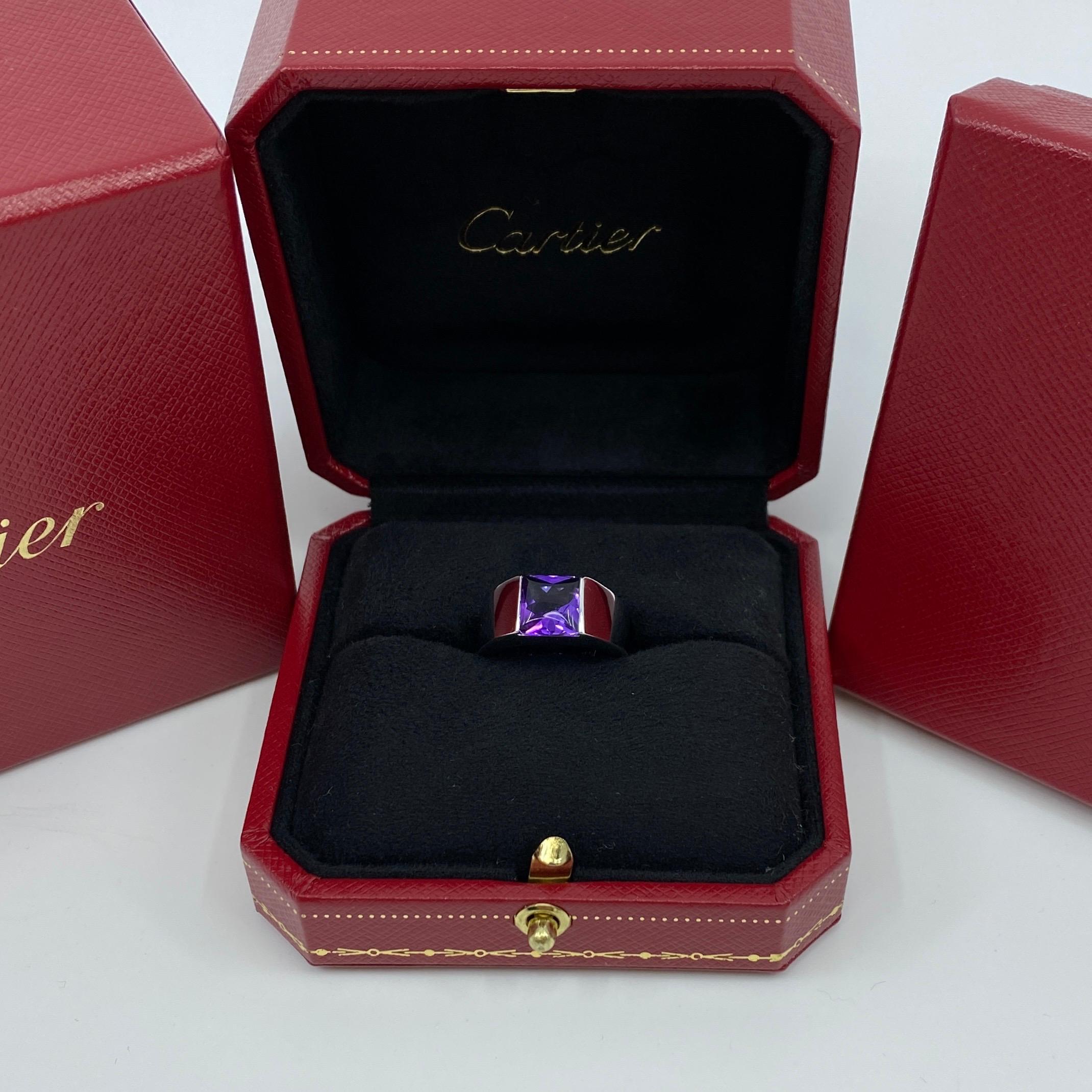 Cartier Purple Amethyst 18 Karat White Gold Tank Ring.

Stunning white gold ring with a large 8mm tension set deep purple amethyst. Fine jewellery houses like Cartier only use the finest of gemstones and this amethyst is no exception. A top amethyst