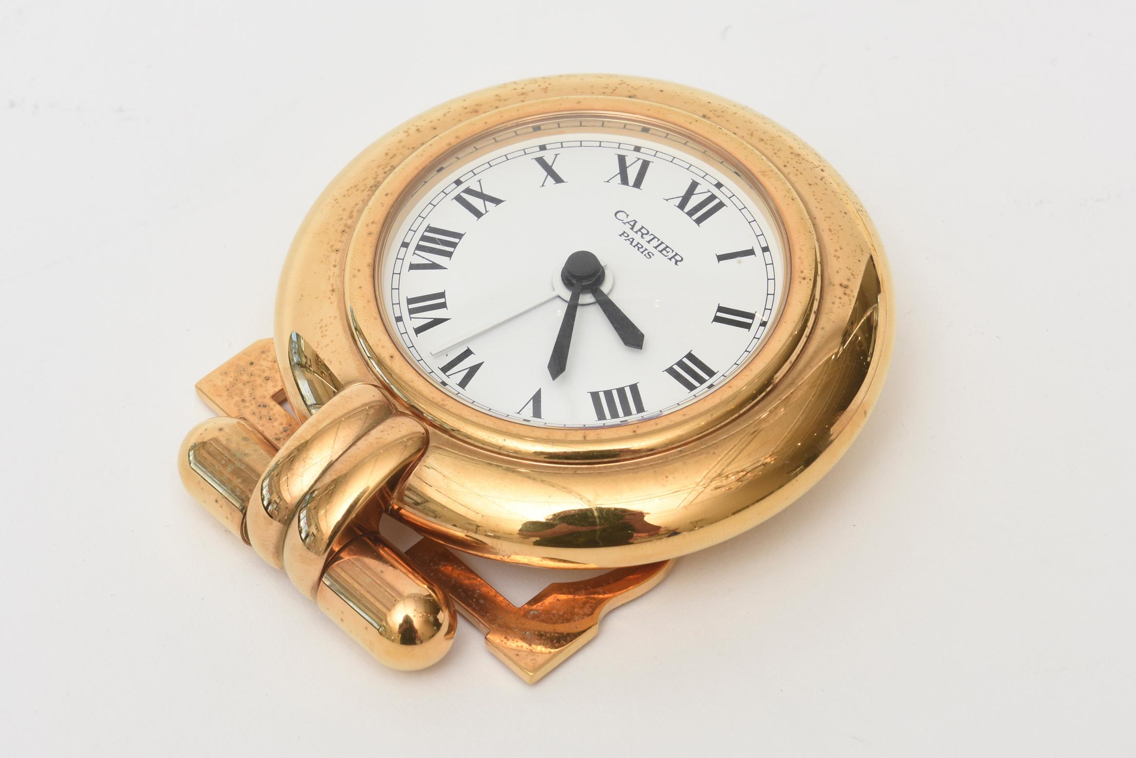 Late 20th Century Cartier 24-Karat Gold-Plated Travel Quartz Desk Clock or Desk Accessory Vintage