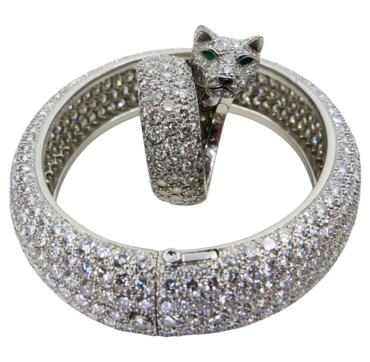 Women's Vintage Cartier 30 Carat Diamond Bangle & 10 Carat Diamond Panthere Ring Set