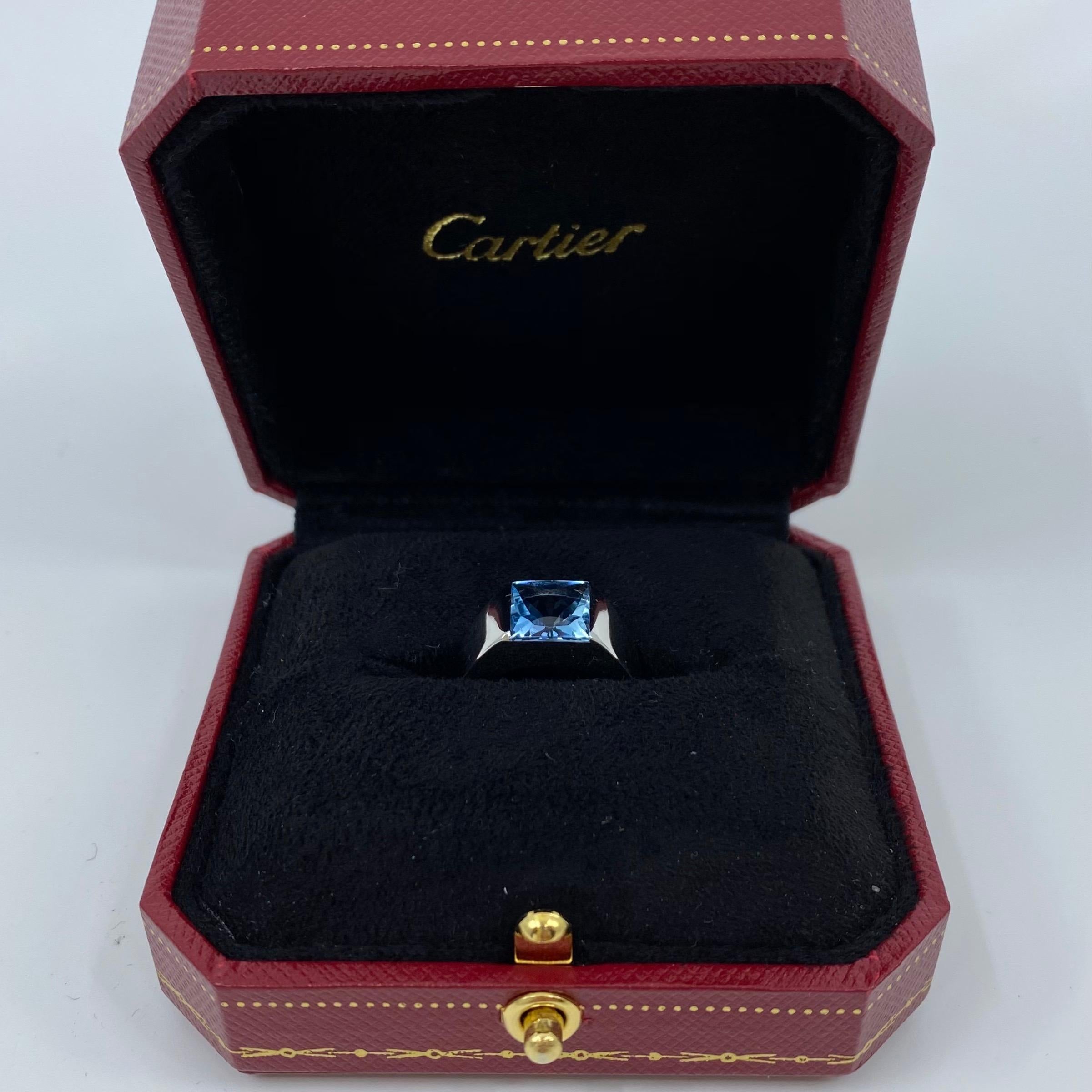 Square Cut Vintage Cartier 4 Carat Swiss Blue Topaz 18 Karat White Gold Tank Ring 