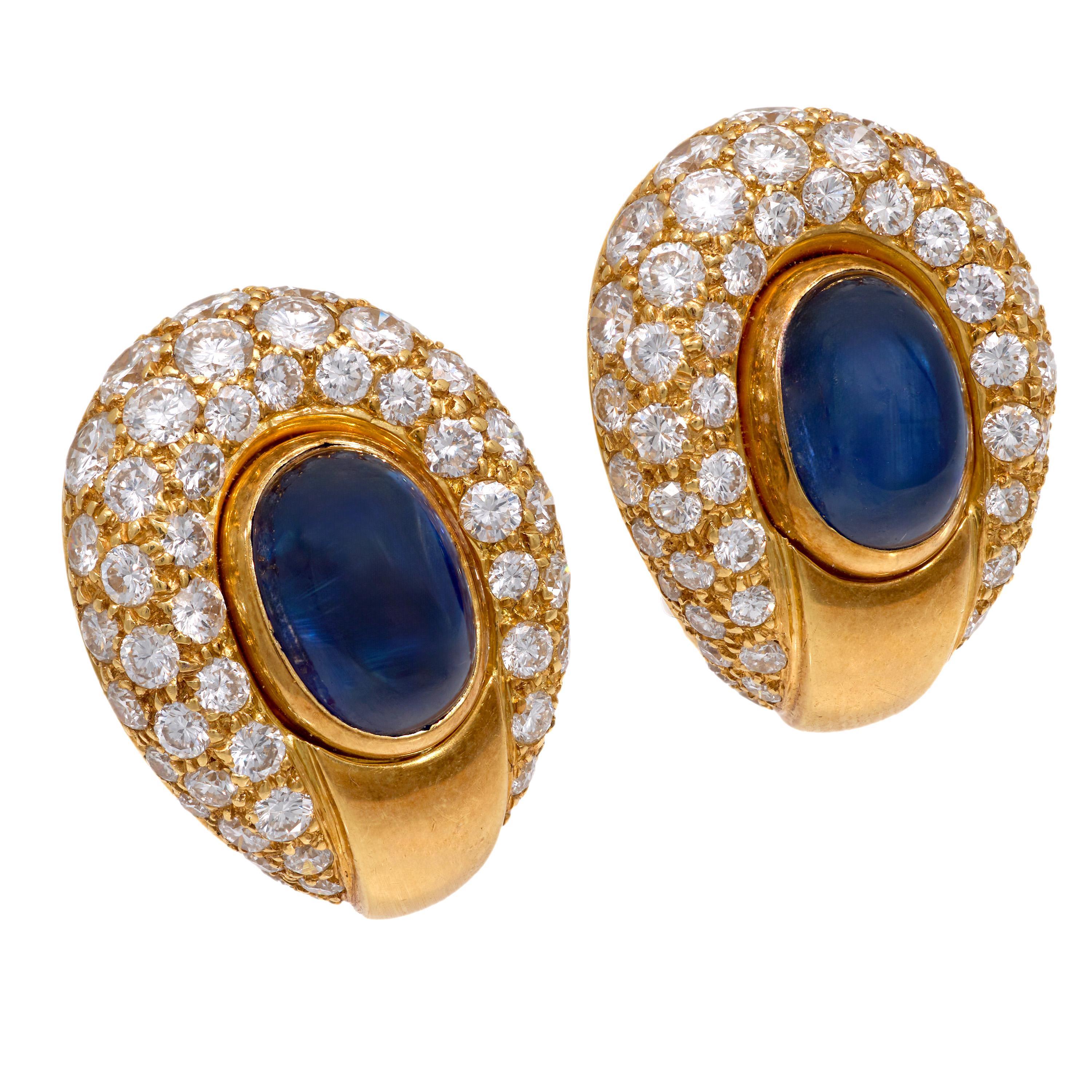 Vintage Cartier 4.65 carat sapphire diamond 18k yellow gold clip on earrings Cabujón