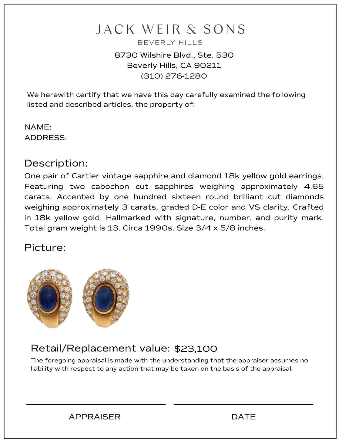 Vintage Cartier 4.65 carat sapphire diamond 18k yellow gold clip on earrings 1