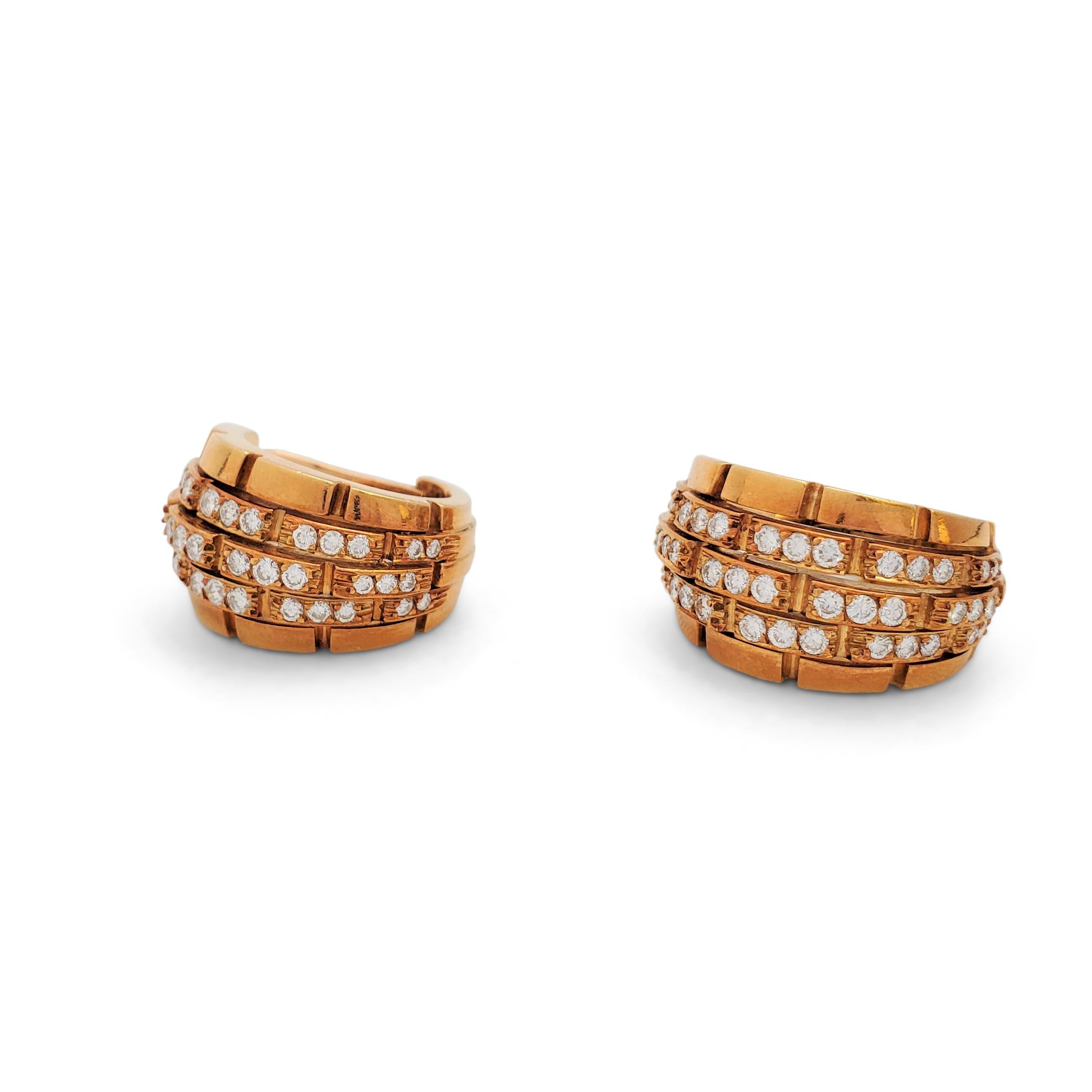 Authentic vintage Cartier 'Maillon Panthere' clip earrings crafted in 18 karat yellow gold are comprised of five incurved links set with round brilliant cut diamonds totaling an estimated 2.15 carats (E-F, VS). The earrings boast a beautiful patina