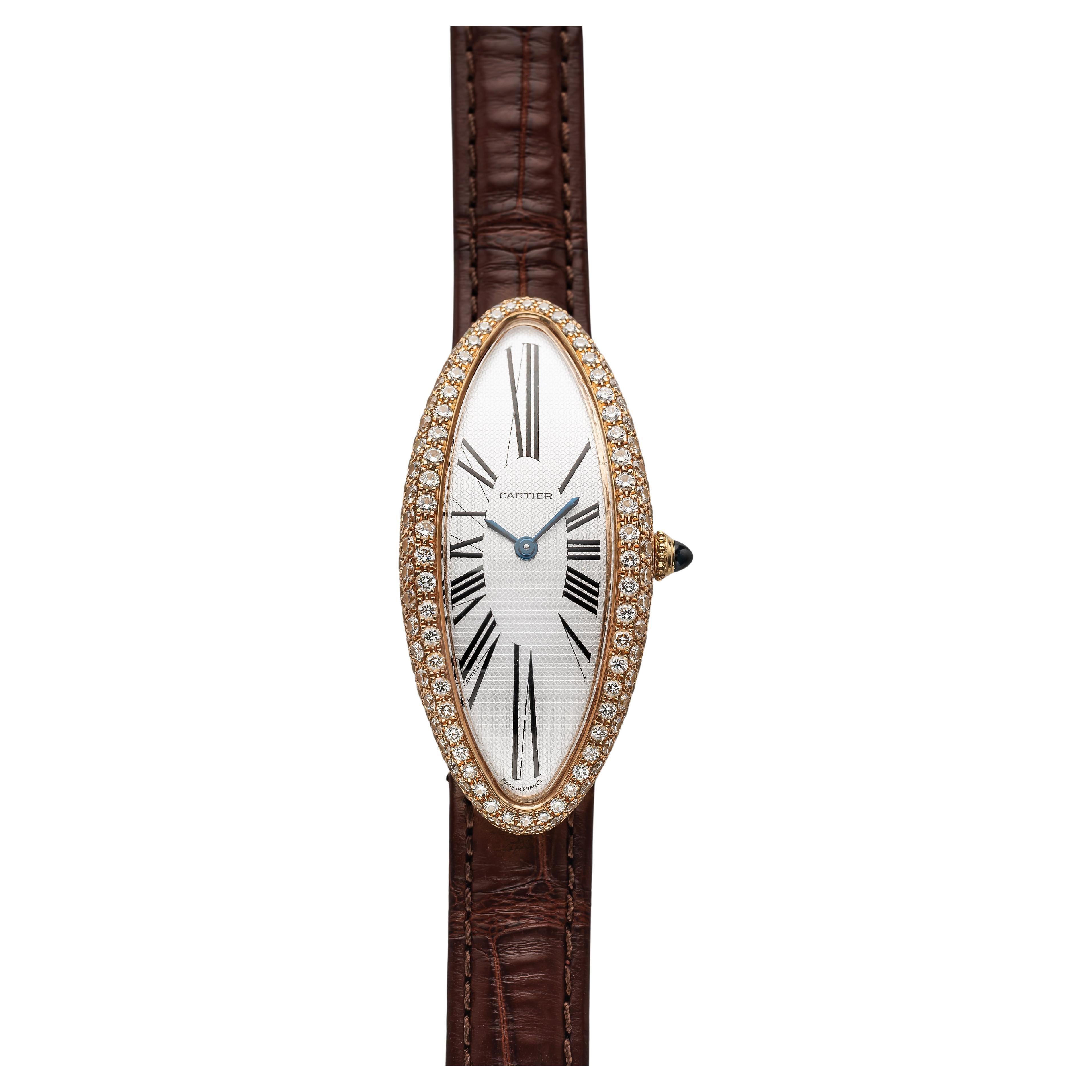 Vintage Cartier Baignoire Allongée Reference 2606 Yellow Gold Quartz White Roman For Sale