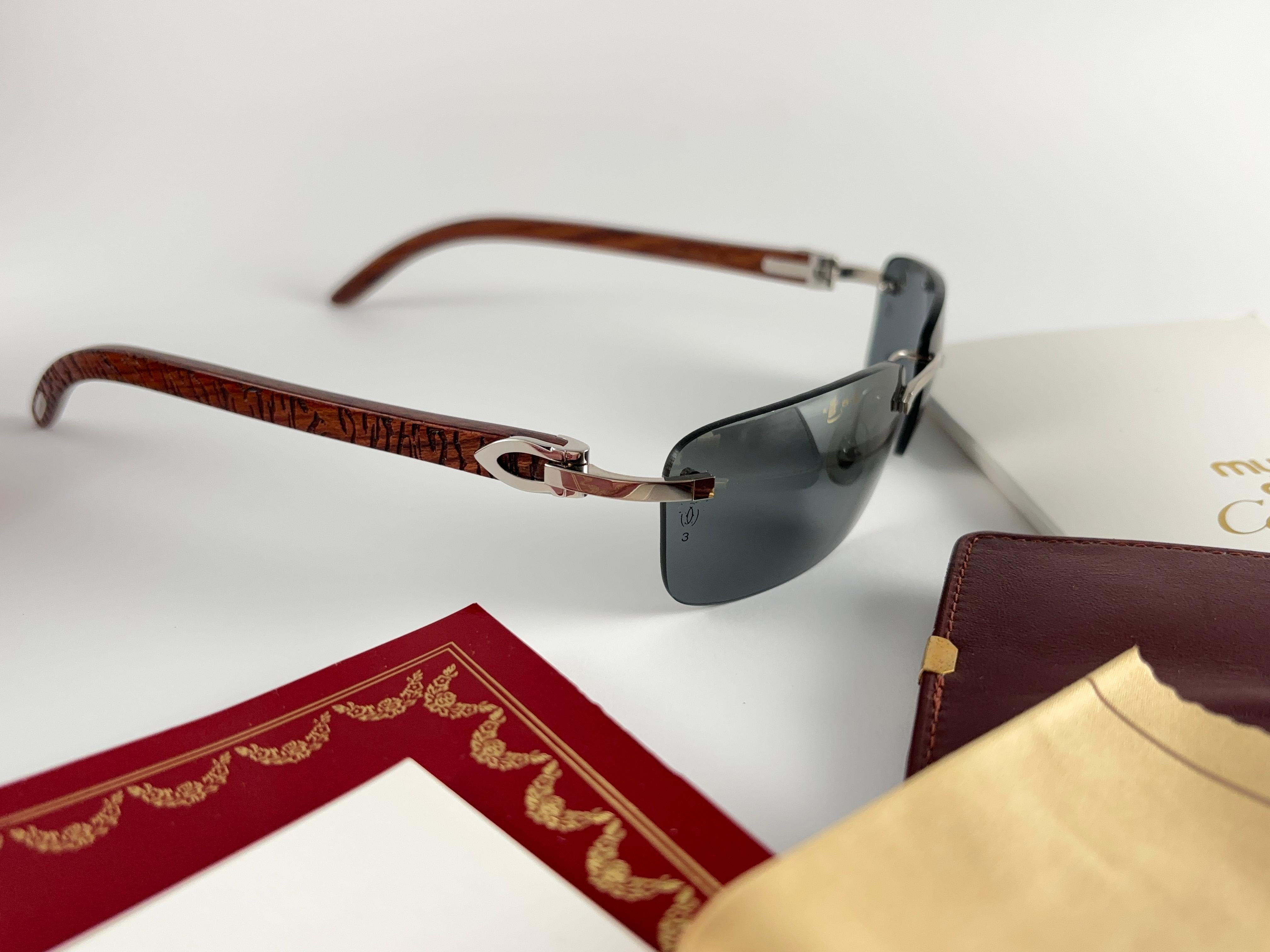 Vintage Cartier Bengali Precious Wood Full Set Platine C Decor France Sunglasses For Sale 5