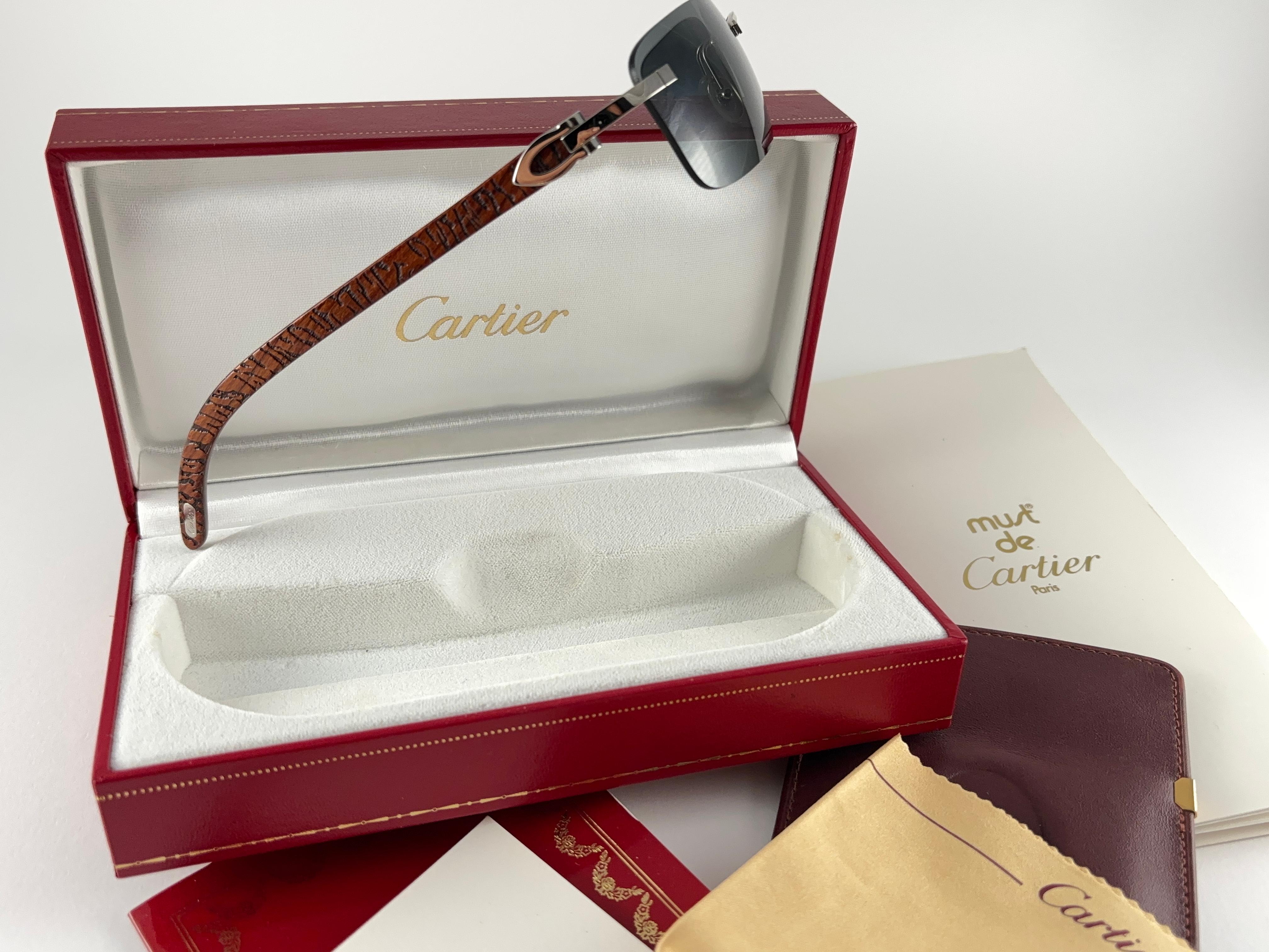 Vintage Cartier Bengali Precious Wood Full Set Platine C Decor France Sunglasses For Sale 6