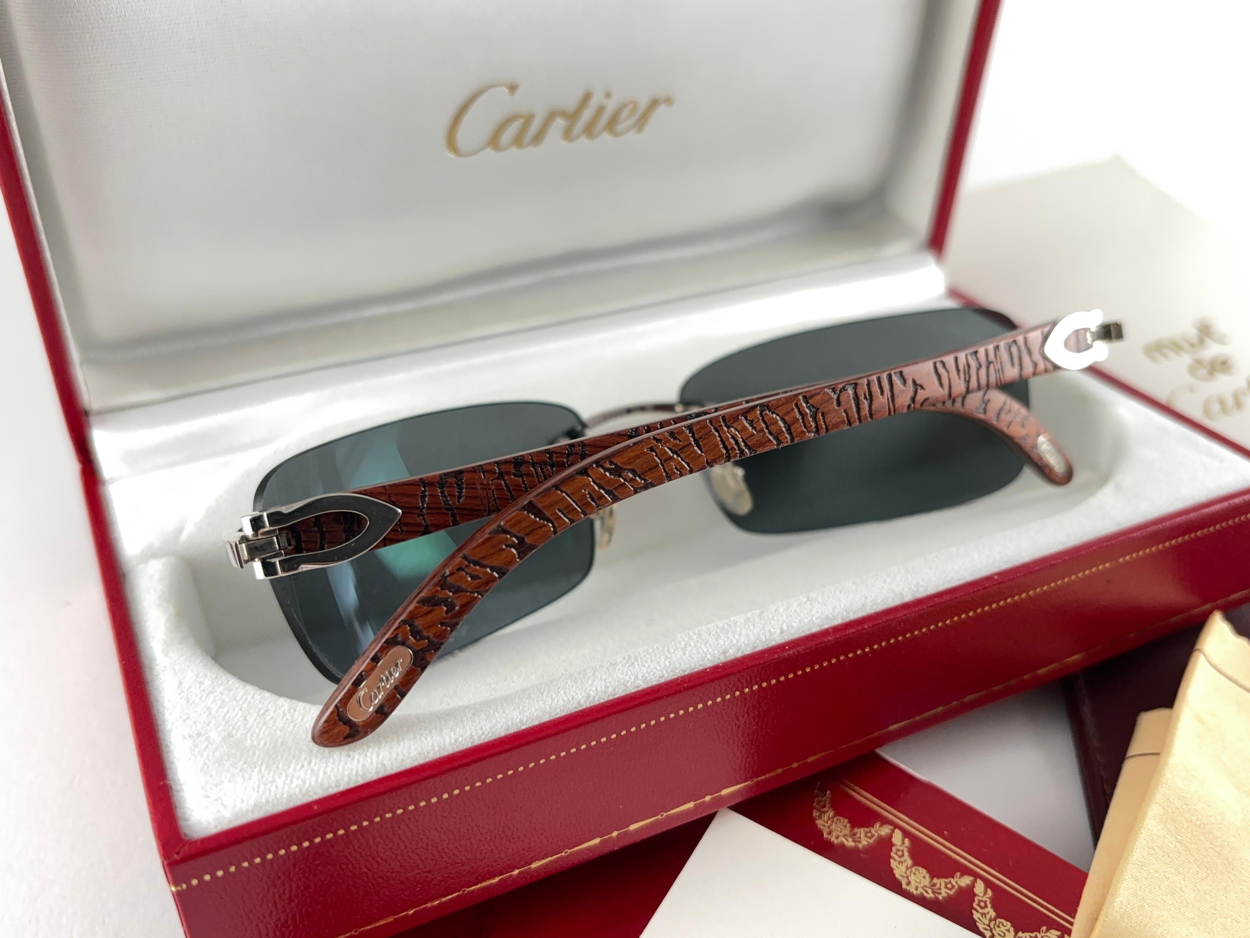 Vintage Cartier Bengali Precious Wood Full Set Platine C Decor France Sunglasses For Sale 7