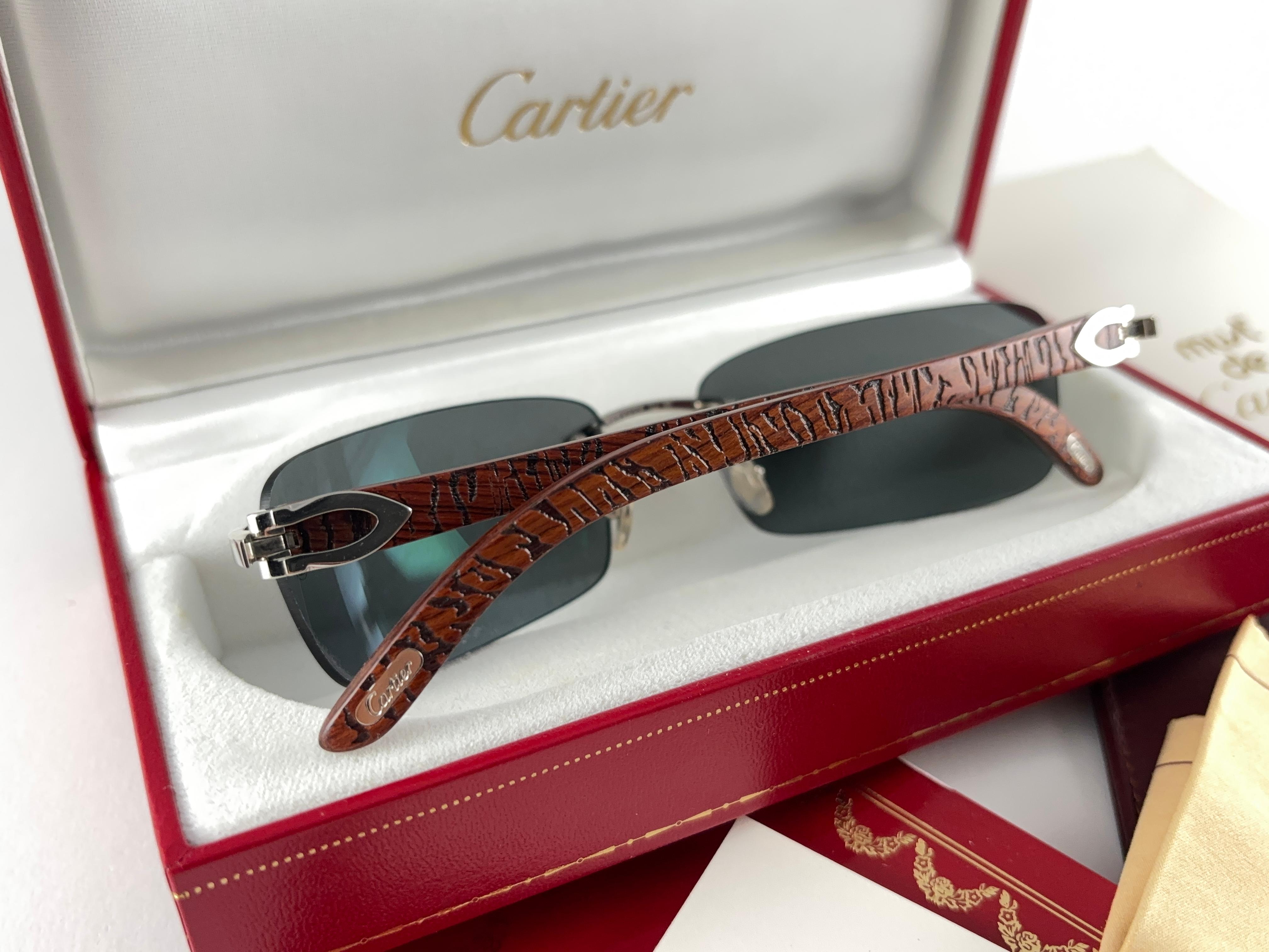 Vintage Cartier Bengali Precious Wood Full Set Platine C Decor France Sunglasses For Sale 8