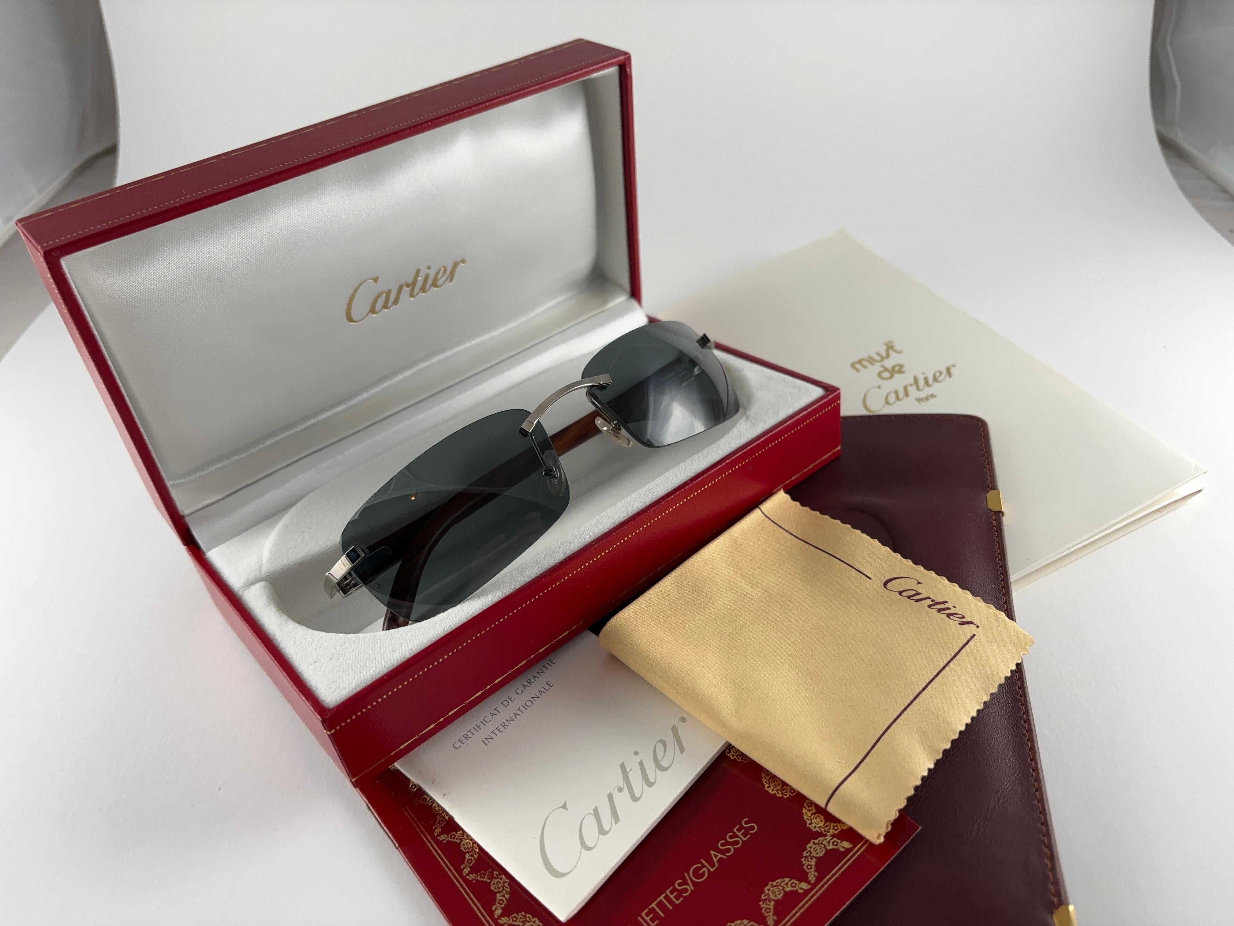 Vintage Cartier Bengali Precious Wood Full Set Platine C Decor France Sunglasses For Sale 9
