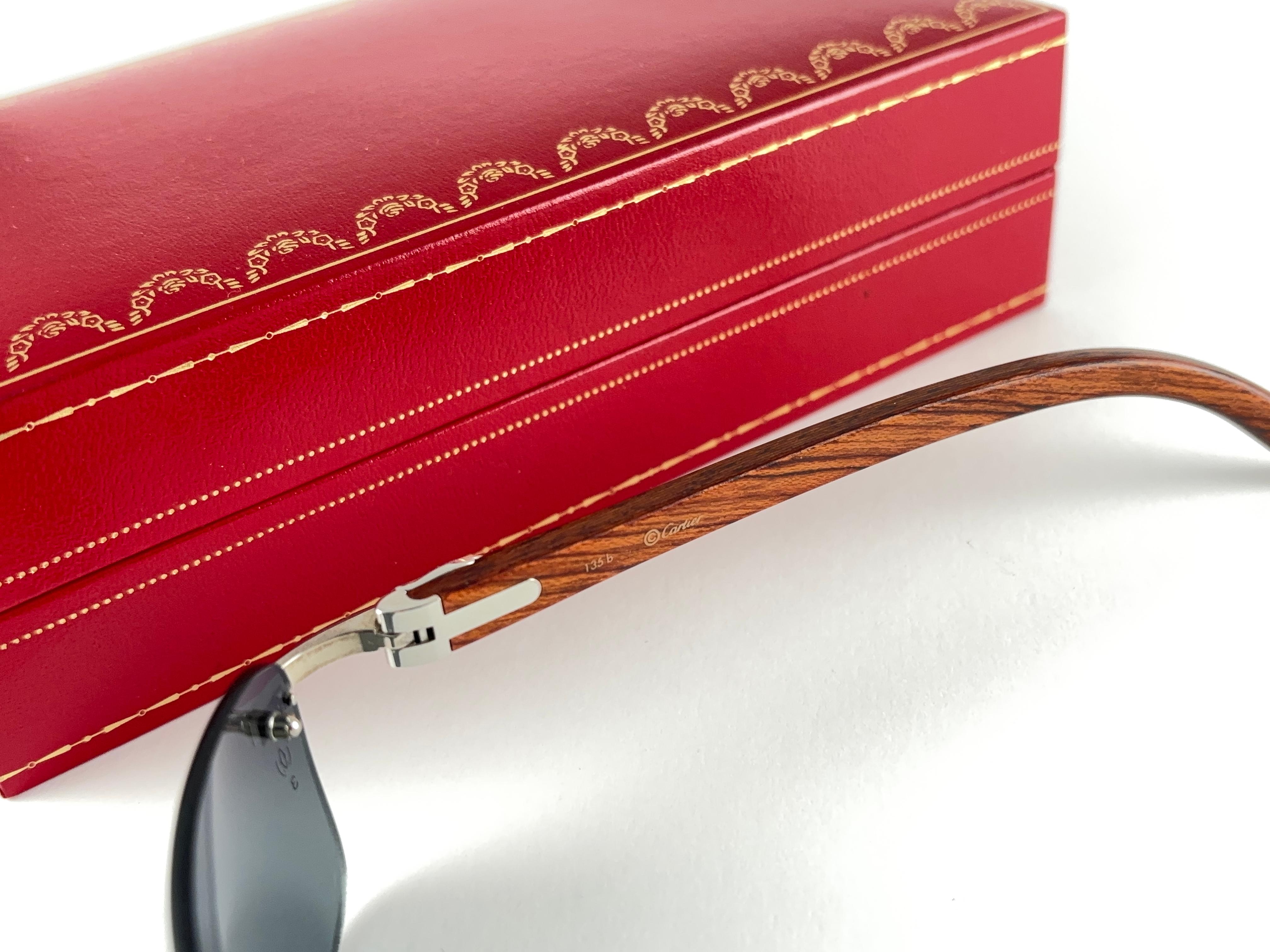 Women's or Men's Vintage Cartier Bengali Precious Wood Full Set Platine C Decor France Sunglasses For Sale