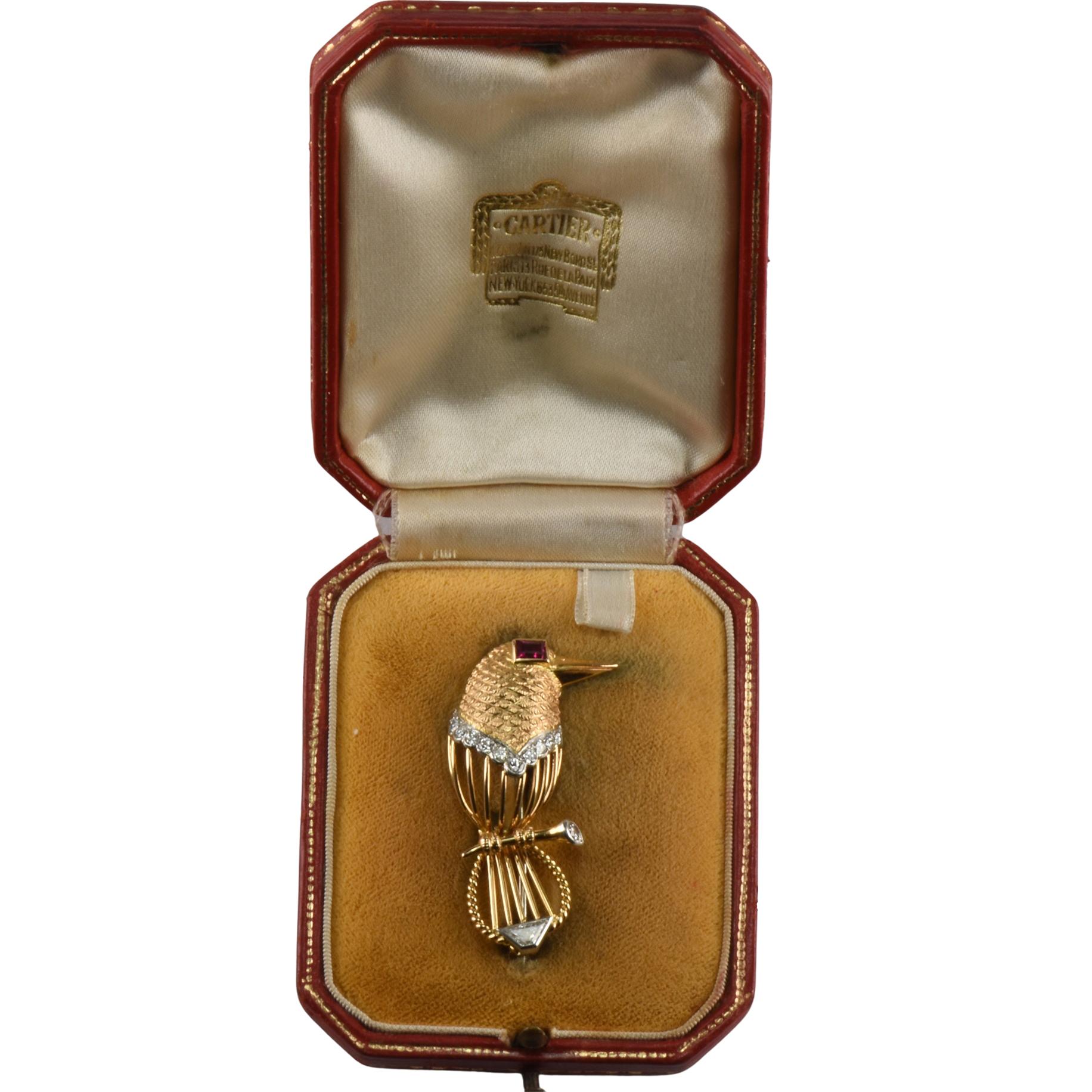 Brilliant Cut Vintage Cartier Bird Brooch 18ct Gold Ruby & Diamonds