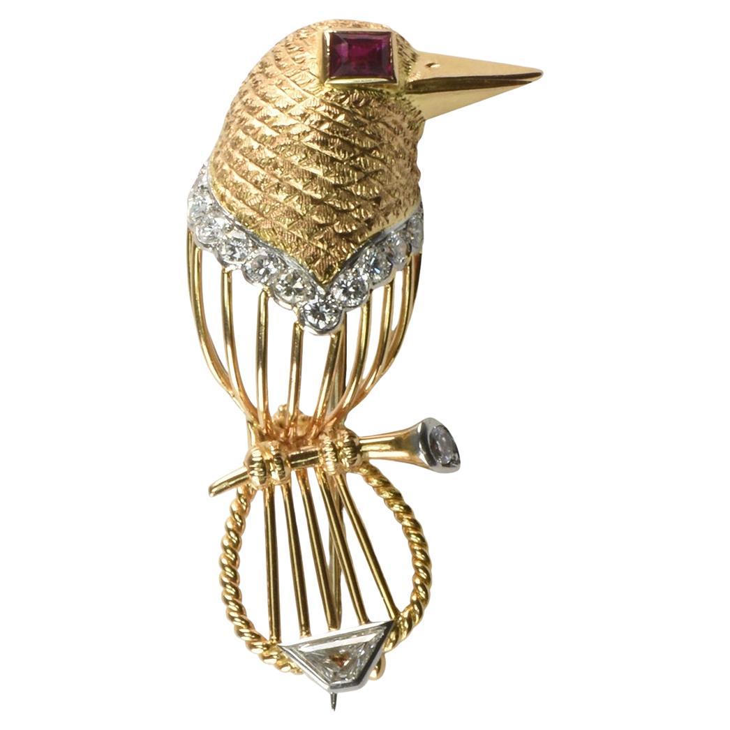 Vintage Cartier Bird Brooch 18ct Gold Ruby & Diamonds