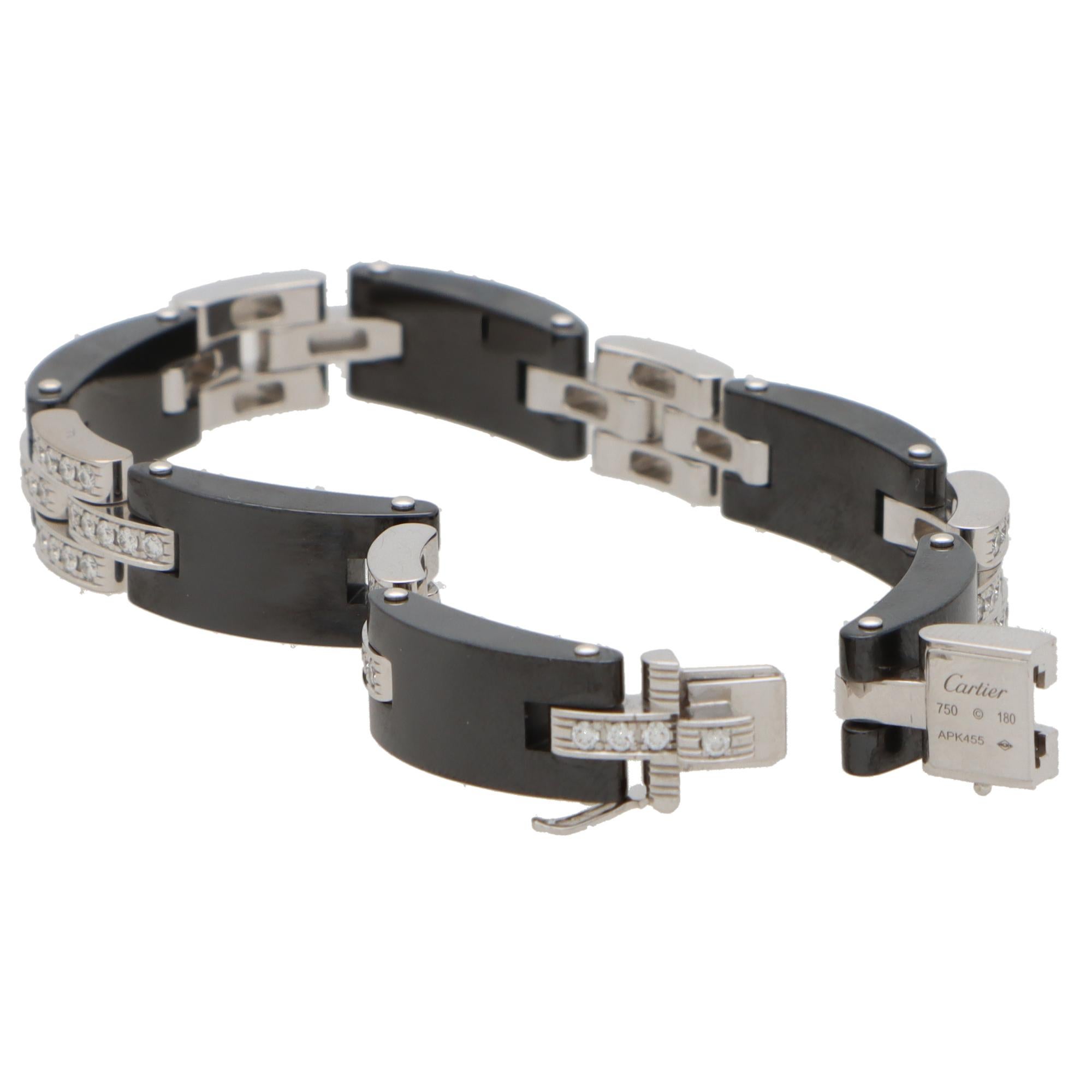 Vintage Cartier Black Ceramic and Diamond Link Bracelet Set in 18k White Gold In Excellent Condition For Sale In London, GB