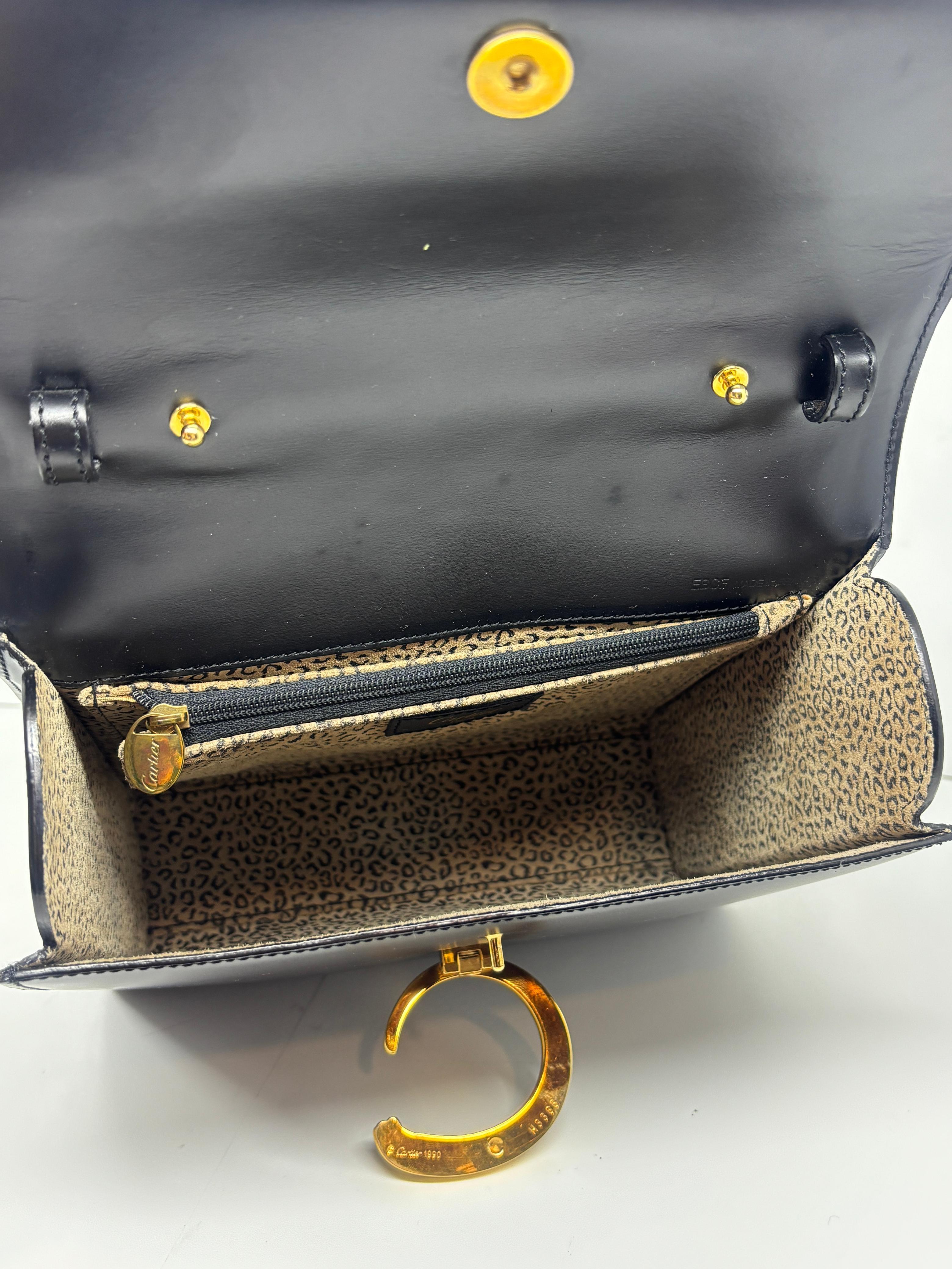 Vintage Cartier Black Leather Panthere Evening Bag For Sale 7