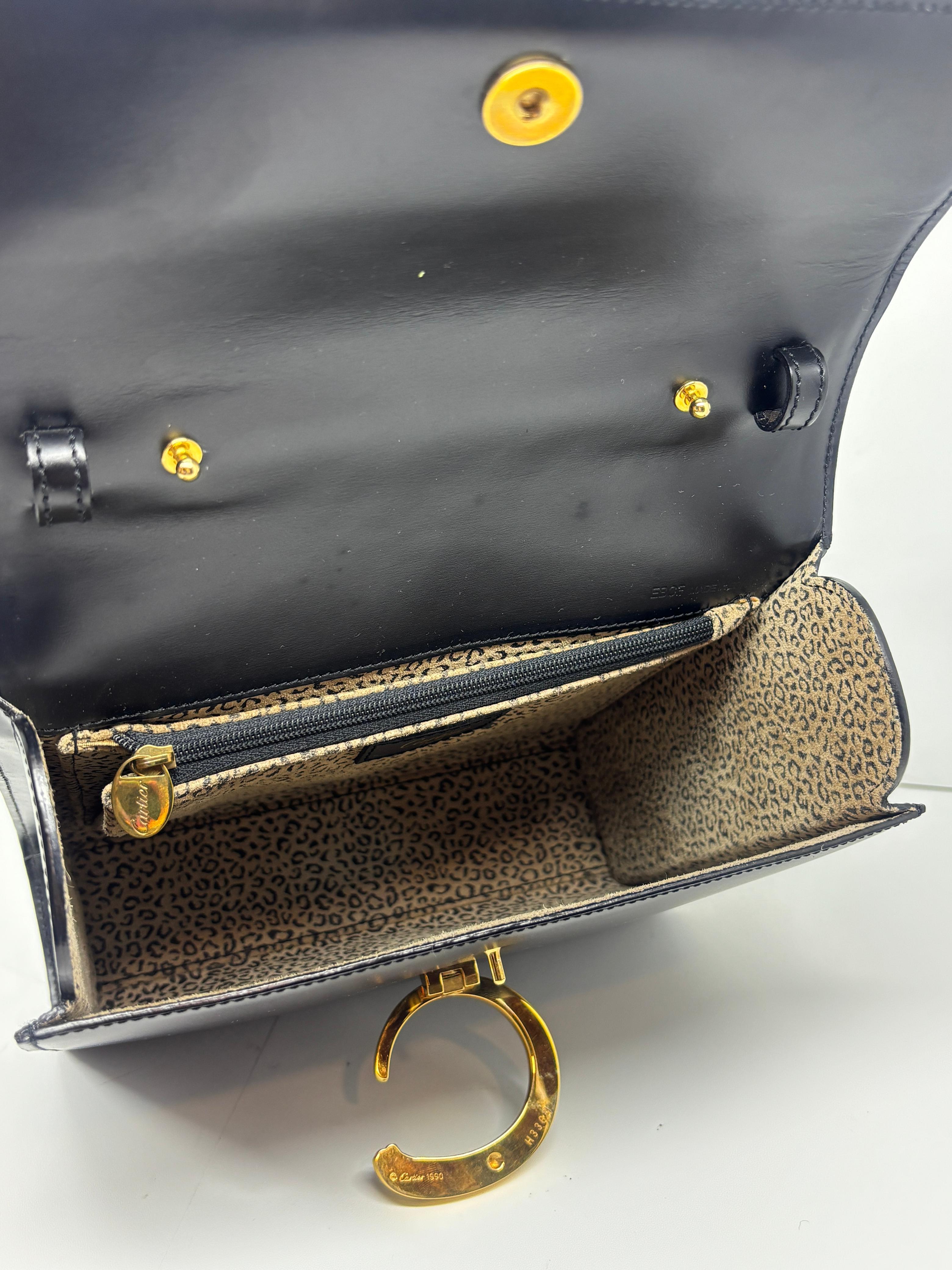Vintage Cartier Black Leather Panthere Evening Bag For Sale 12