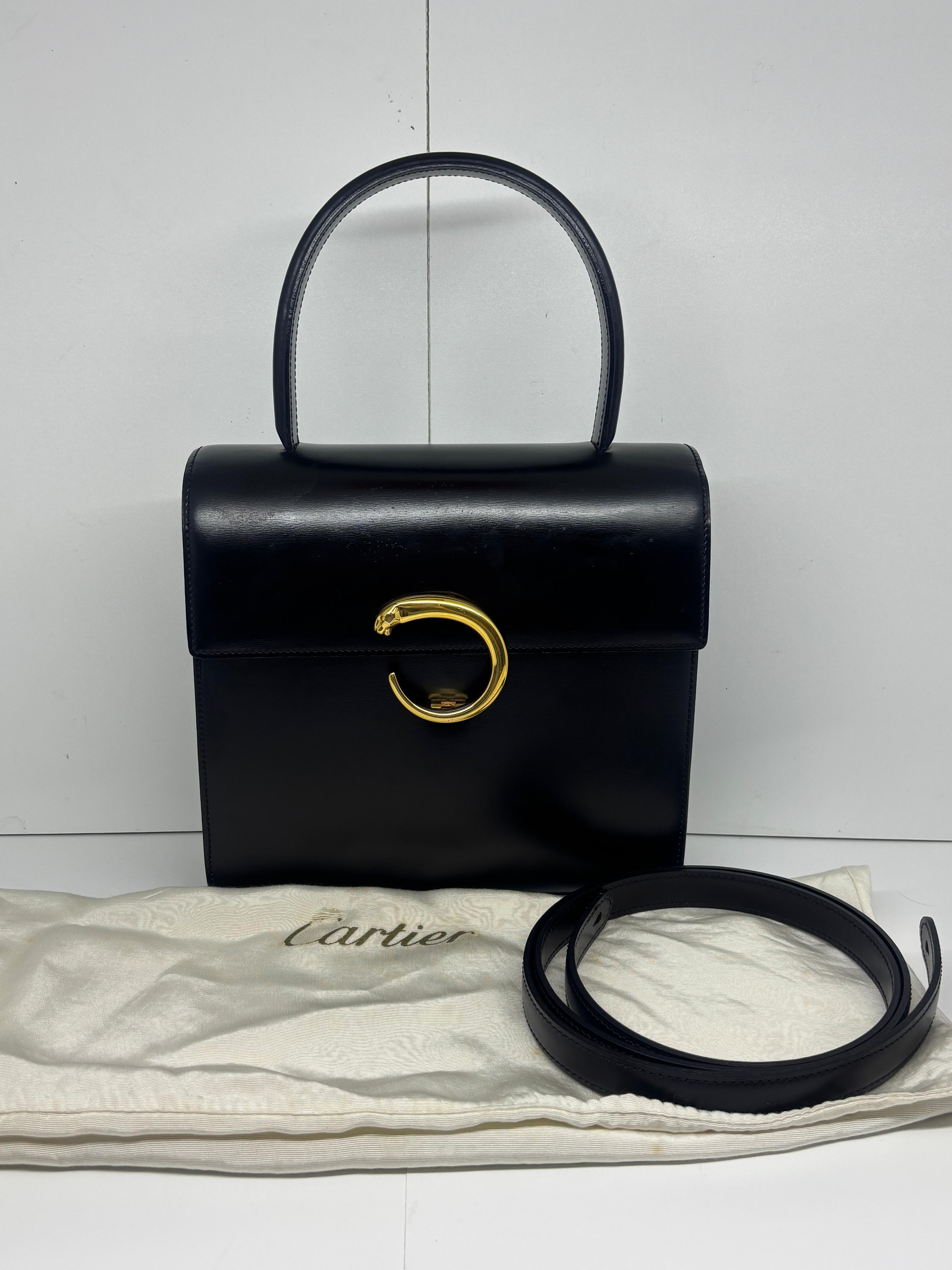 Vintage Cartier Black Leather Panthere Evening Bag For Sale 2