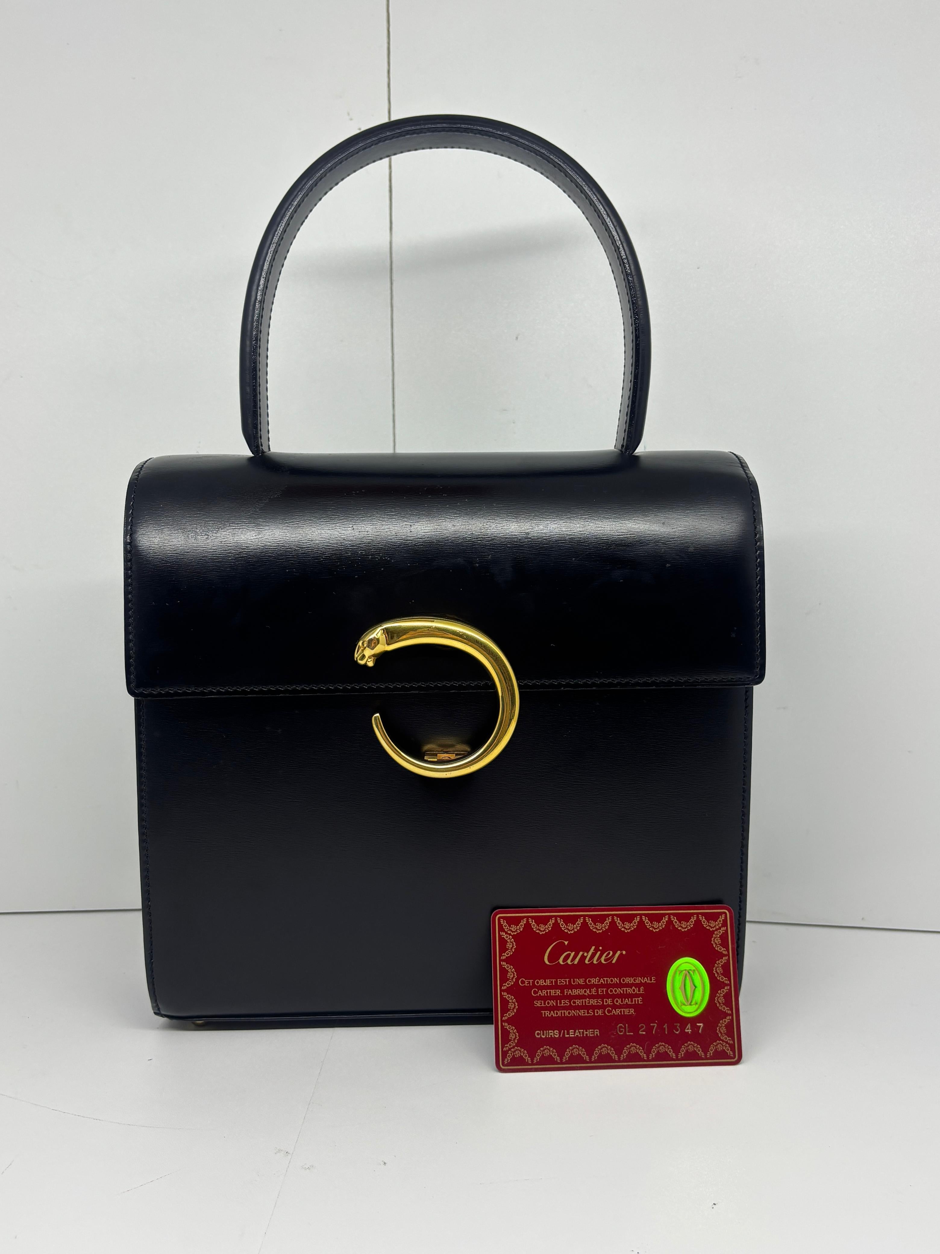 Vintage Cartier Black Leather Panthere Evening Bag For Sale 5
