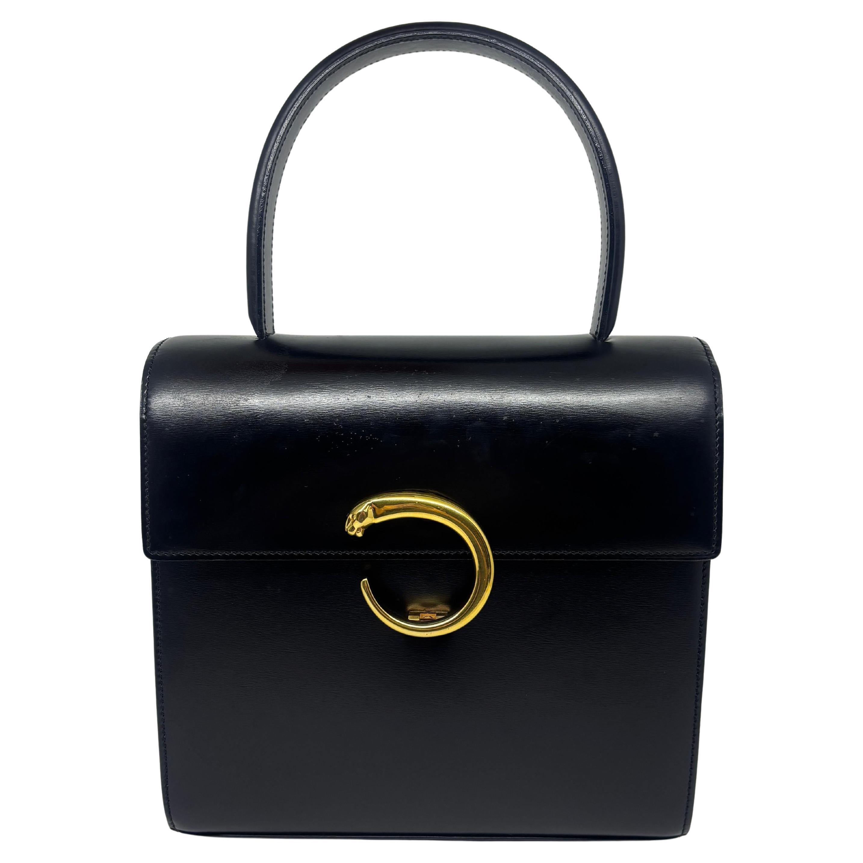 Vintage Cartier Black Leather Panthere Evening Bag For Sale