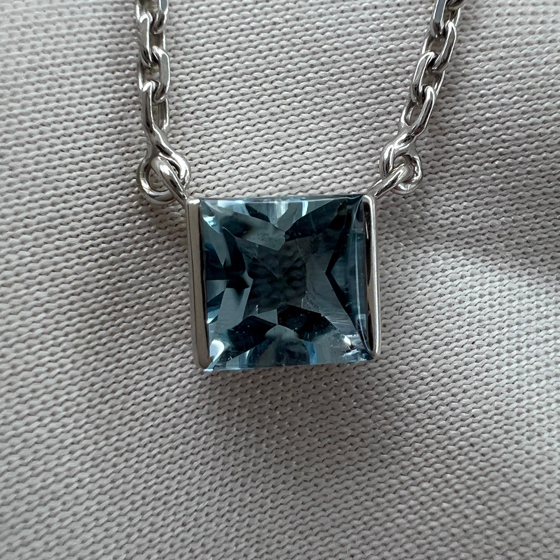 Vintage Cartier Blue Aquamarine 18 Karat White Gold Pendant Necklace.

Stunning white gold pendant set with a 5.6mm tension set fine blue aquamarine. 
Fine jewellery houses like Cartier only use the finest of gemstones and this aquamarine is no